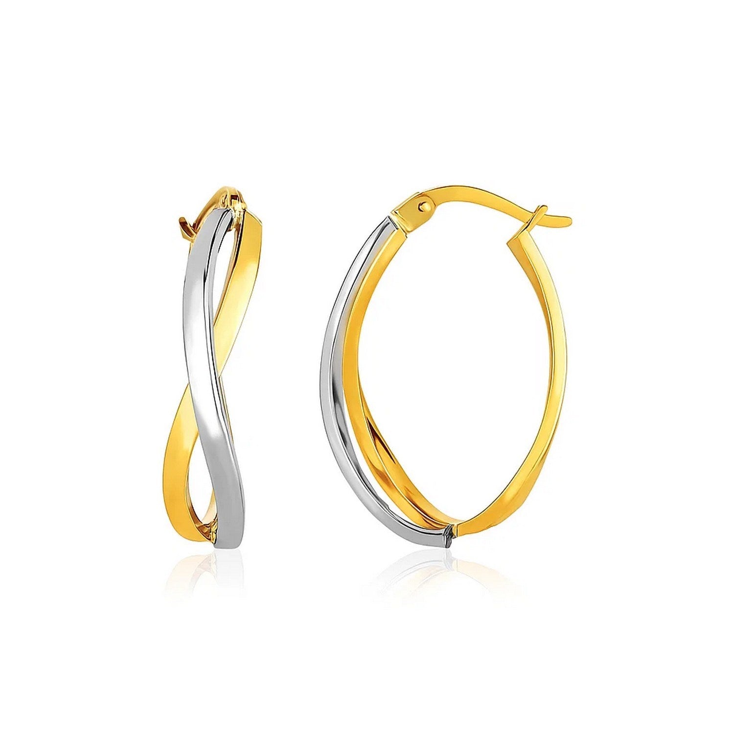 14k two-tone gold polished twisted hoop earrings, showcasing a modern design with luxurious shine and elegance.