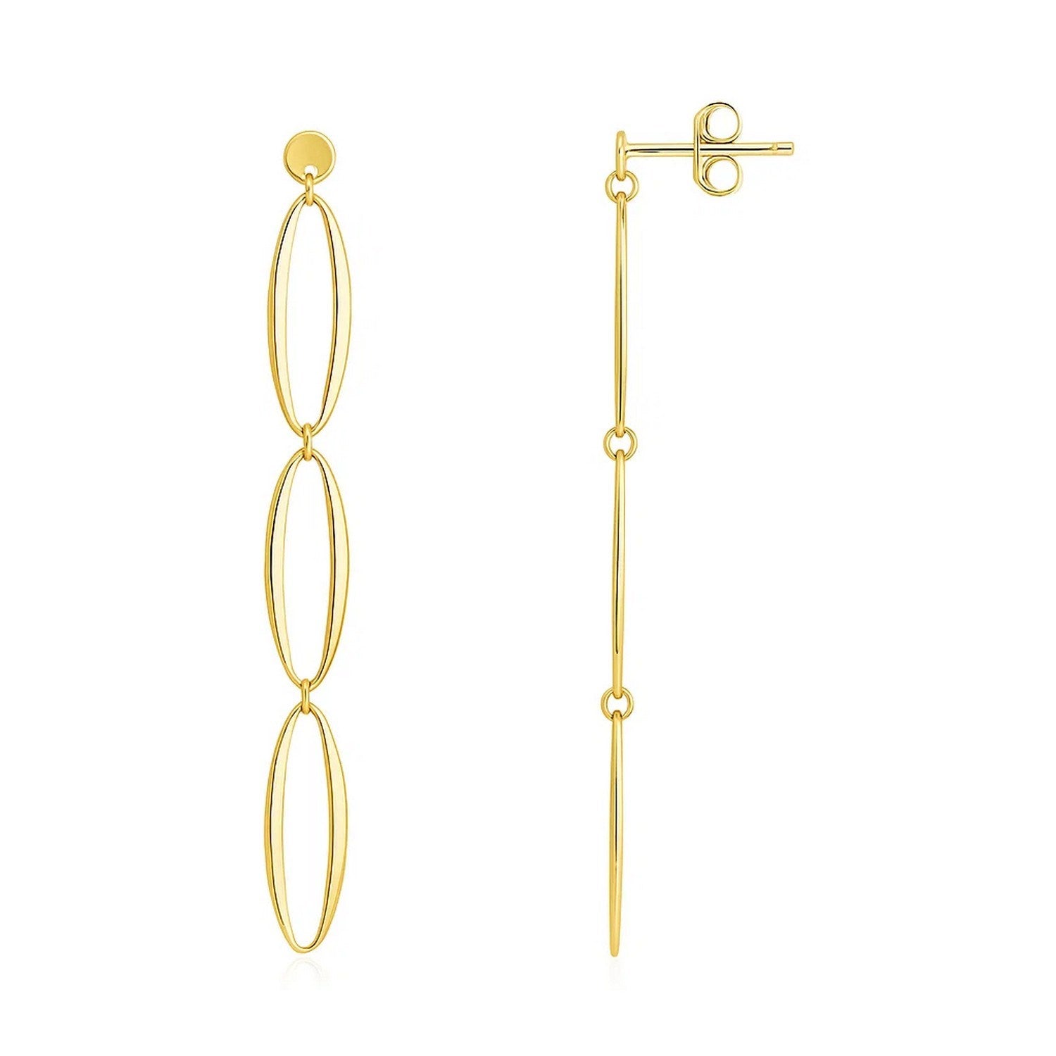 14k yellow gold elegant triple oval drop earrings showcasing refined craftsmanship and timeless style.