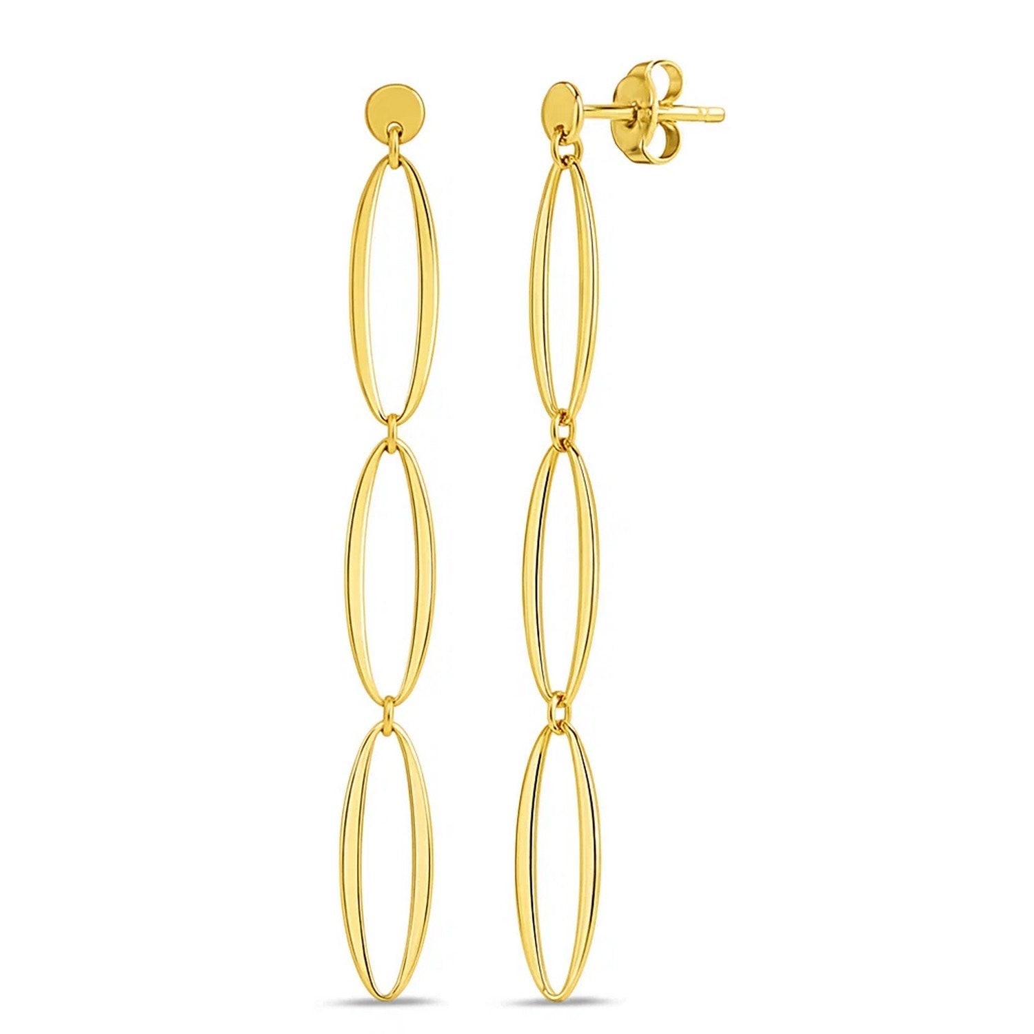 Elegant 14k yellow gold triple oval drop earrings showcasing refined craftsmanship and timeless design.