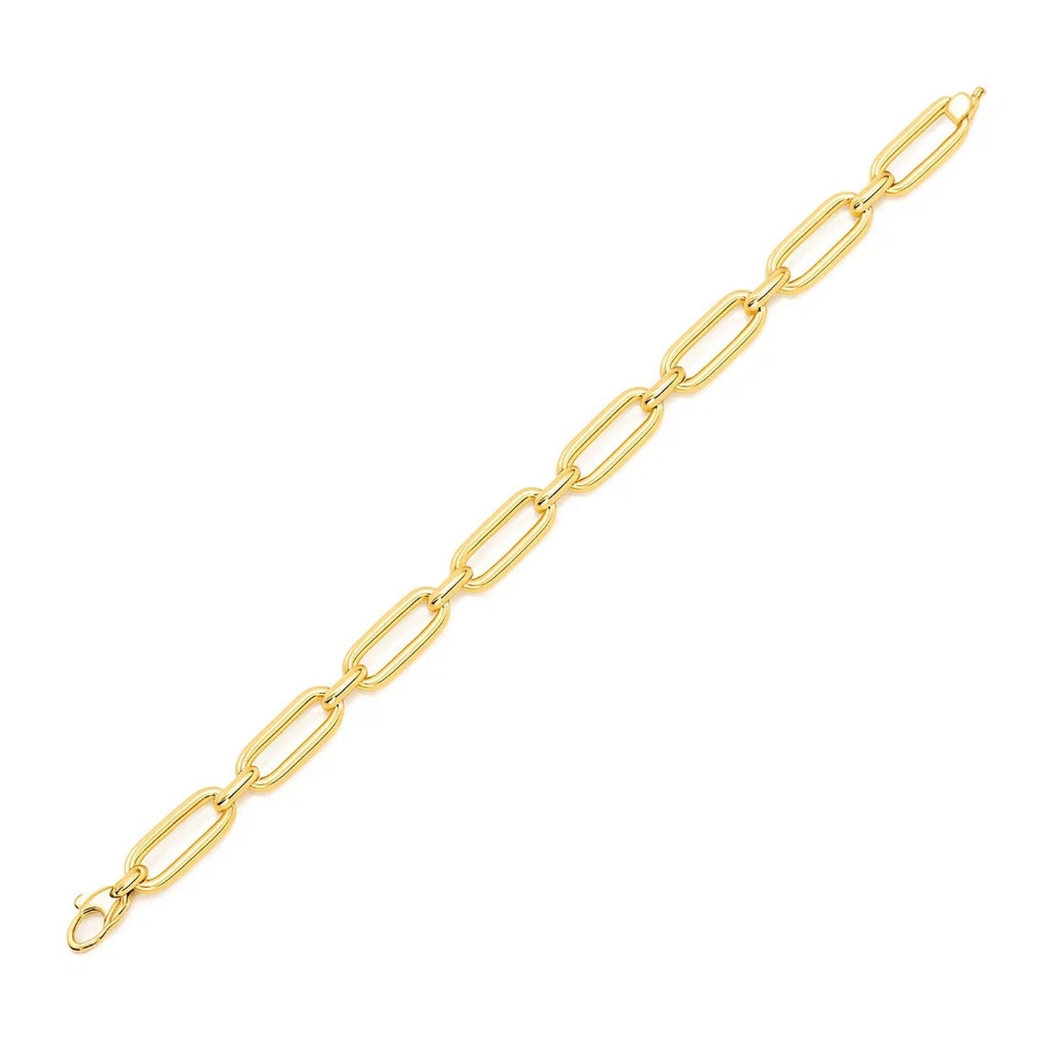 14k yellow gold Bombay paperclip chain bracelet, modern design with elegant links, 7 1/4 inch length.