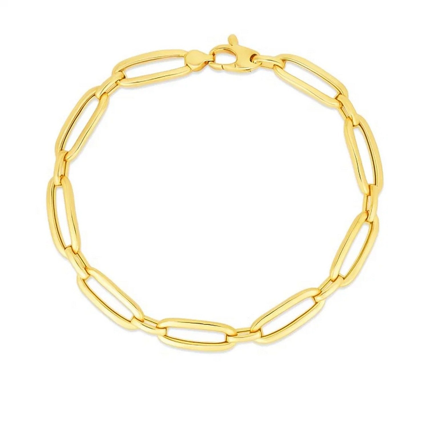14k yellow gold Bombay paperclip chain bracelet, modern design with elegant links, 7 1/4 inches long.