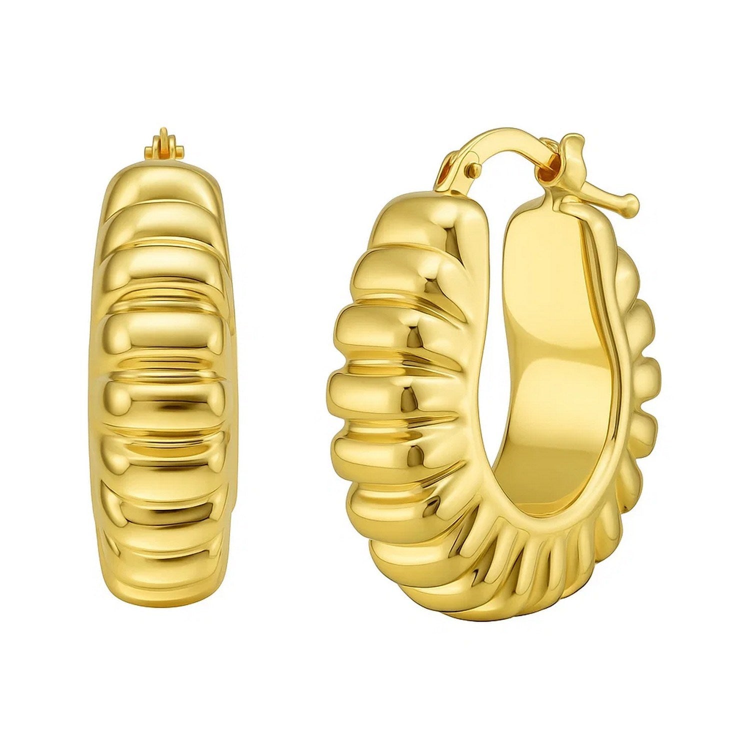 14k yellow gold polished puffed ribbed hoop earrings exuding elegance and timeless luxury for any occasion.