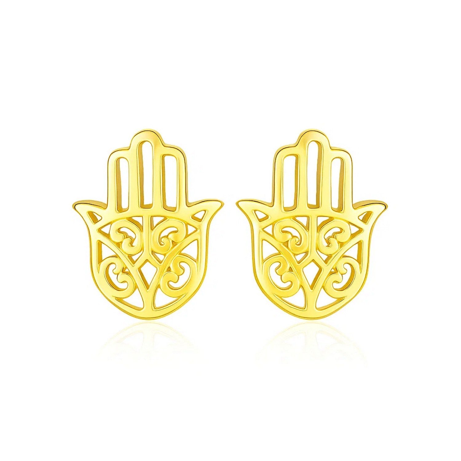 14k yellow gold polished Hand of Hamsa post earrings, embodying contemporary luxury and intricate design elegance.