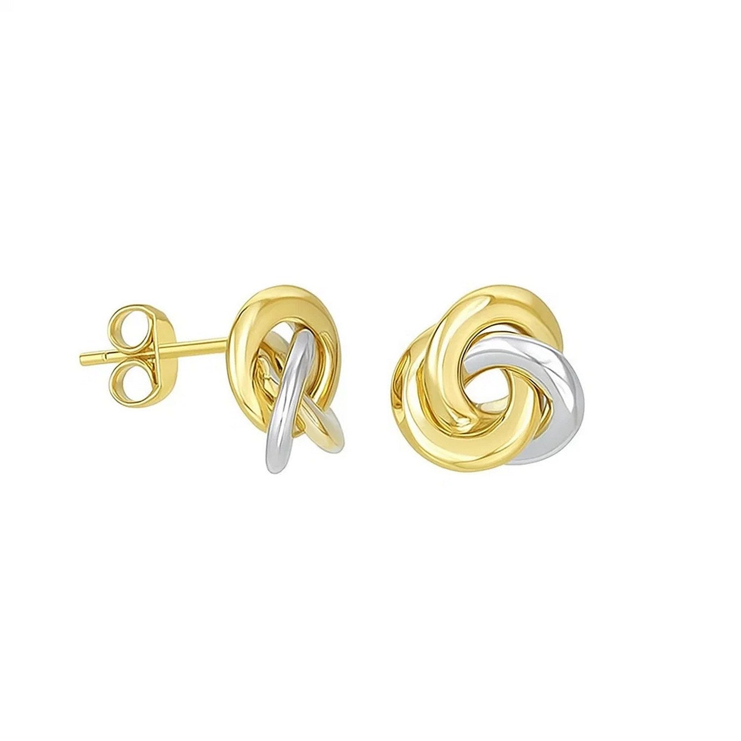 14k two-tone gold shiny dangle earrings with modern intertwined design, perfect for elegant occasions.