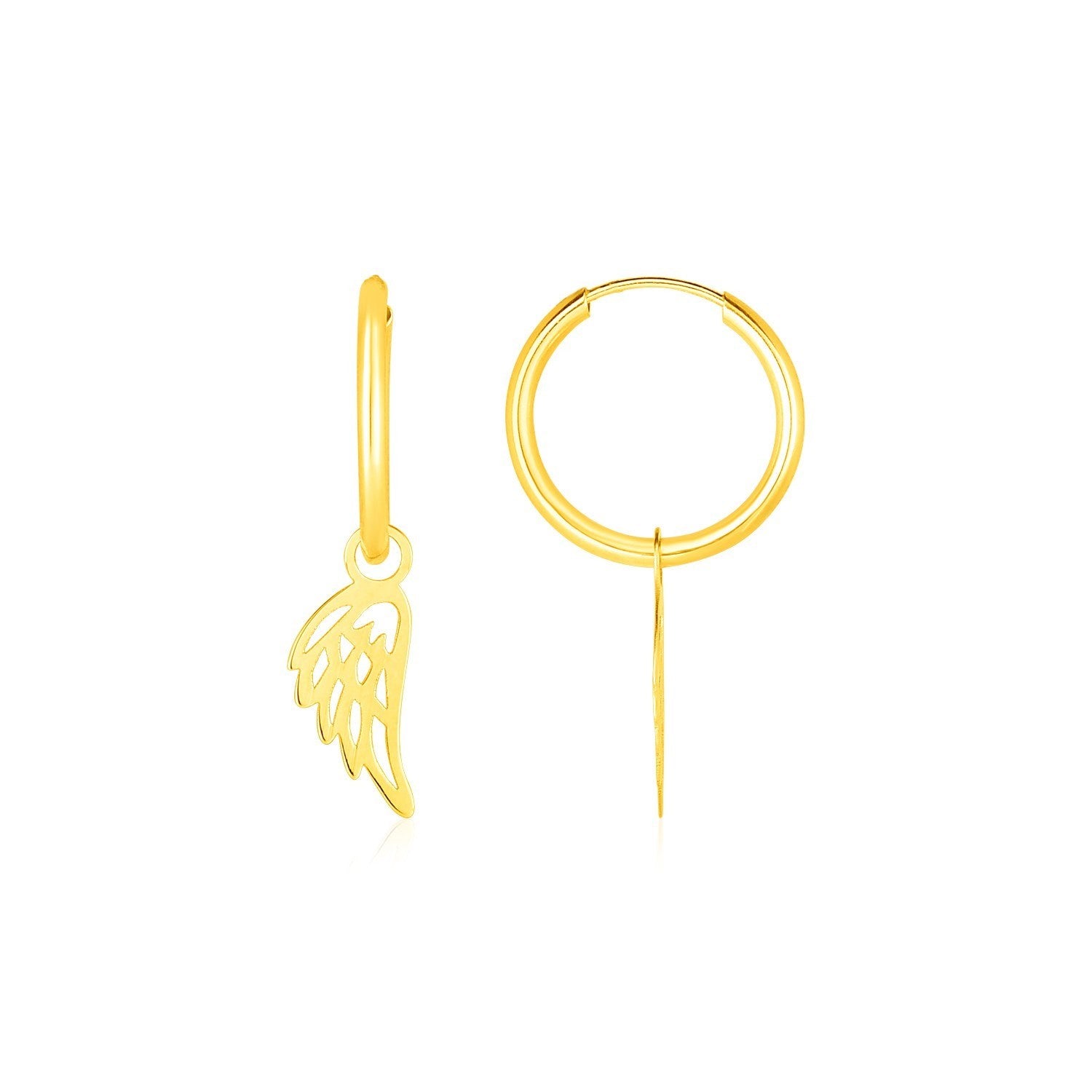 14k yellow gold hoop earrings featuring elegant angel wings design for a contemporary luxury look.