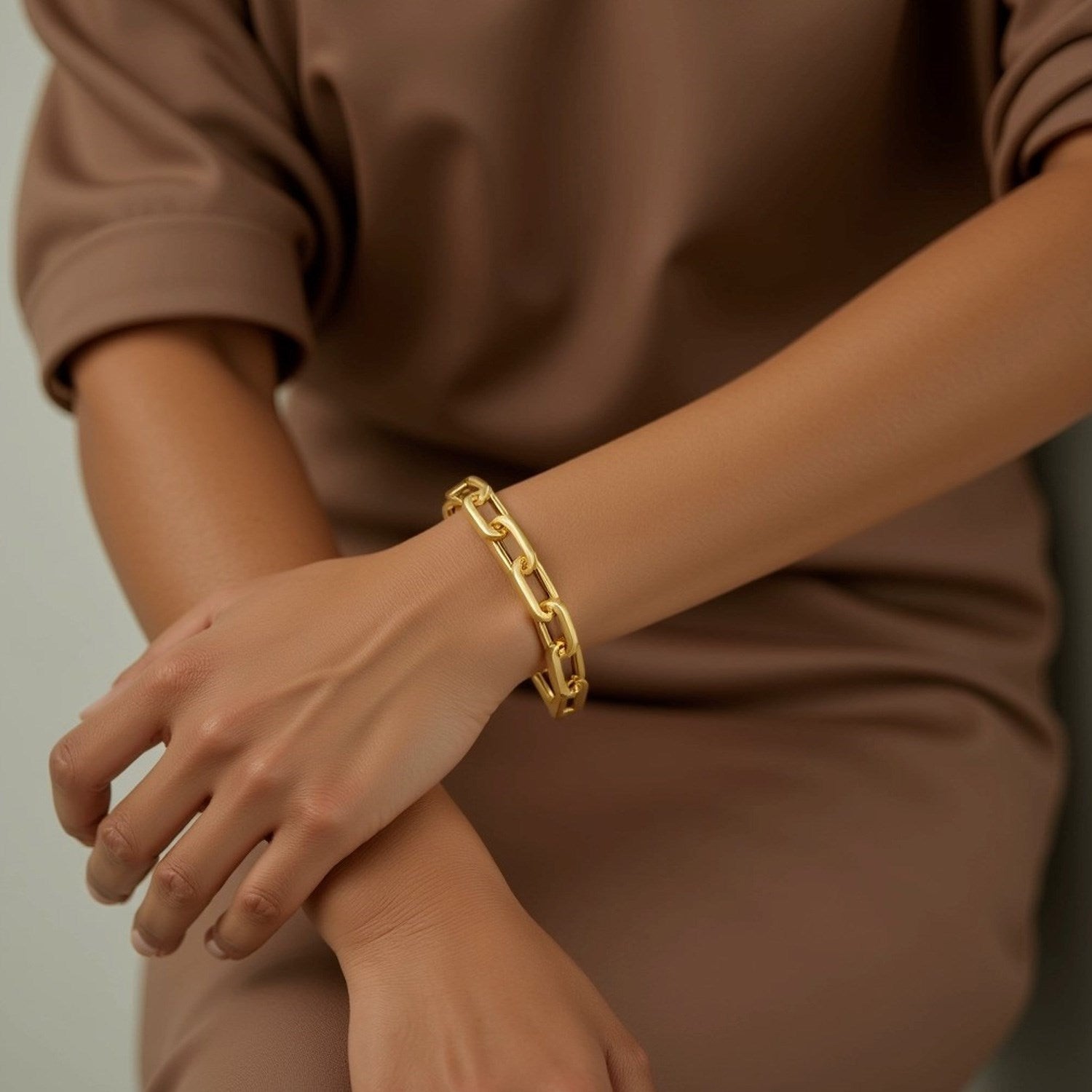14k yellow gold extra wide paperclip chain bracelet, modern design, 8 inch length, 9.60 mm width, luxurious elegance.