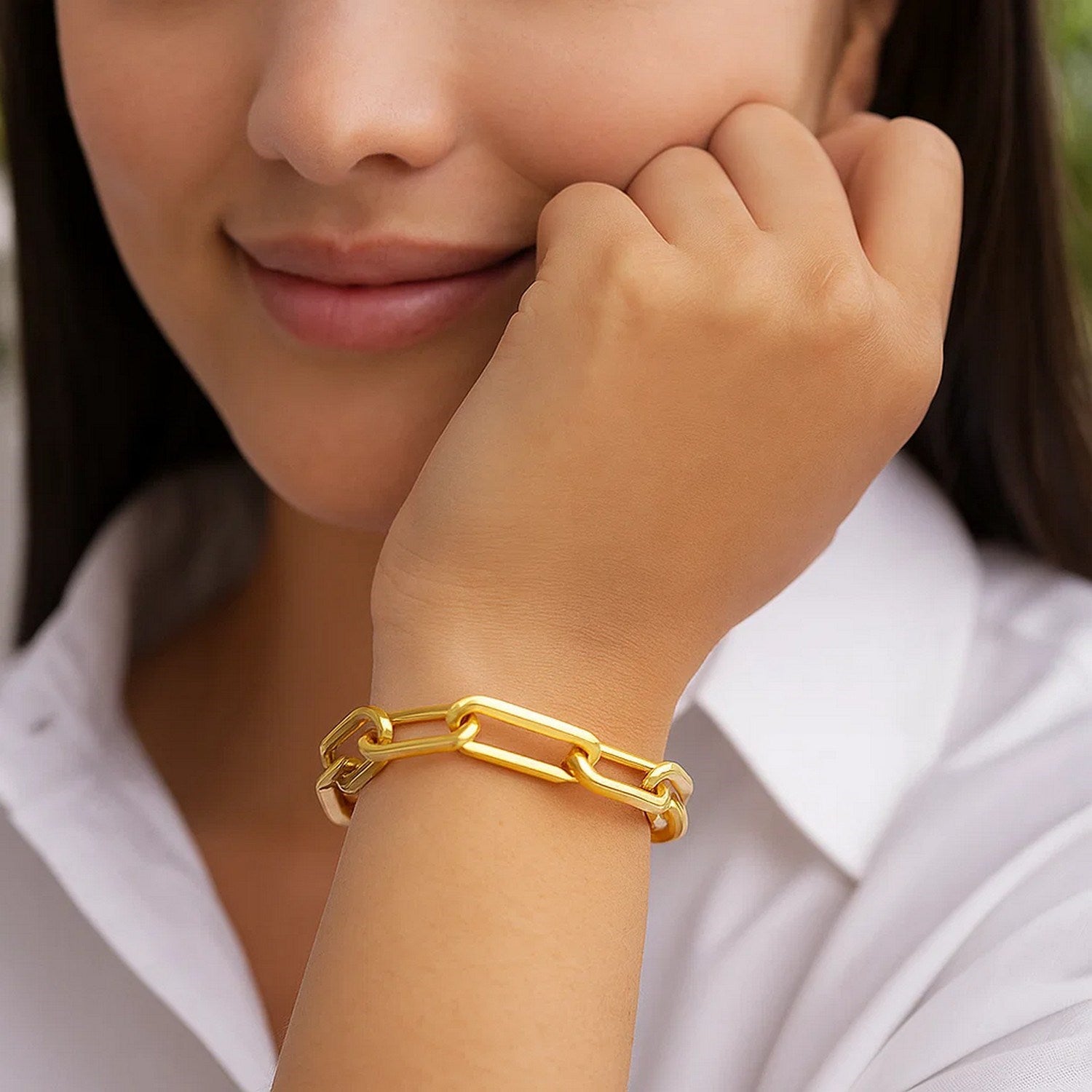 14k yellow gold extra wide paperclip chain bracelet, modern design, 8 inches, 9.60 mm links for a luxurious touch.
