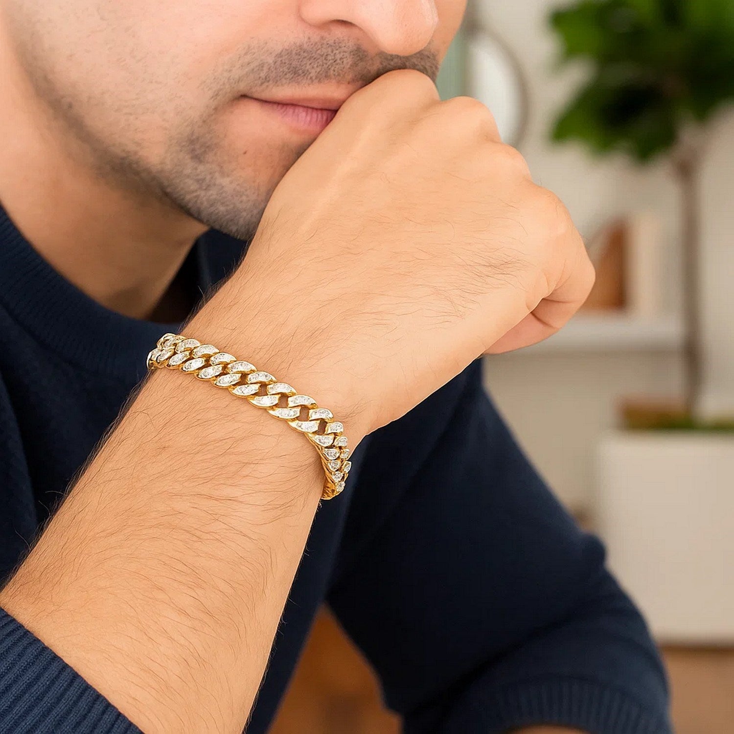 14k yellow gold modern Miami Cuban bracelet with high polish and white pave links, 8.00 mm wide for a luxurious touch.