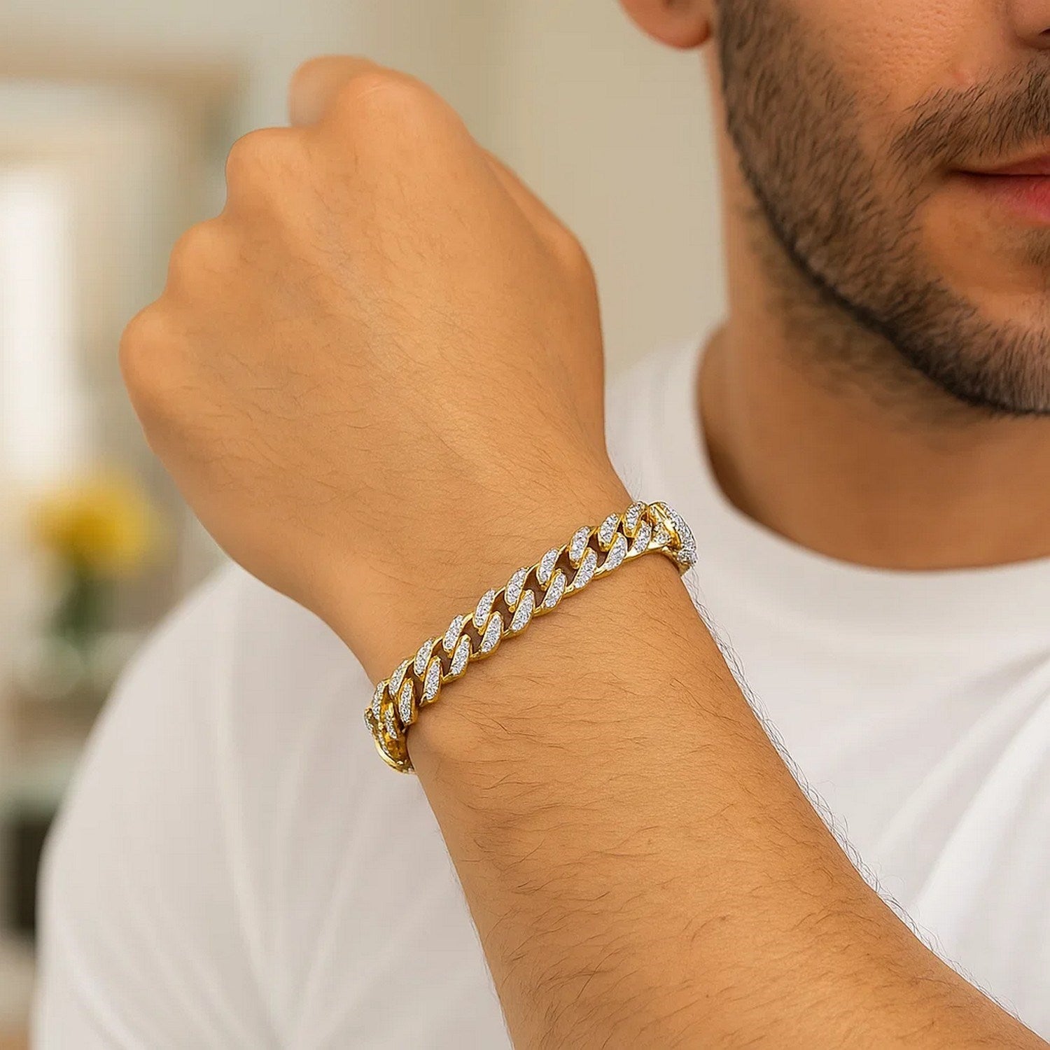 14k yellow gold modern Miami Cuban bracelet with high polish and white pave link design, 8.00 mm width.