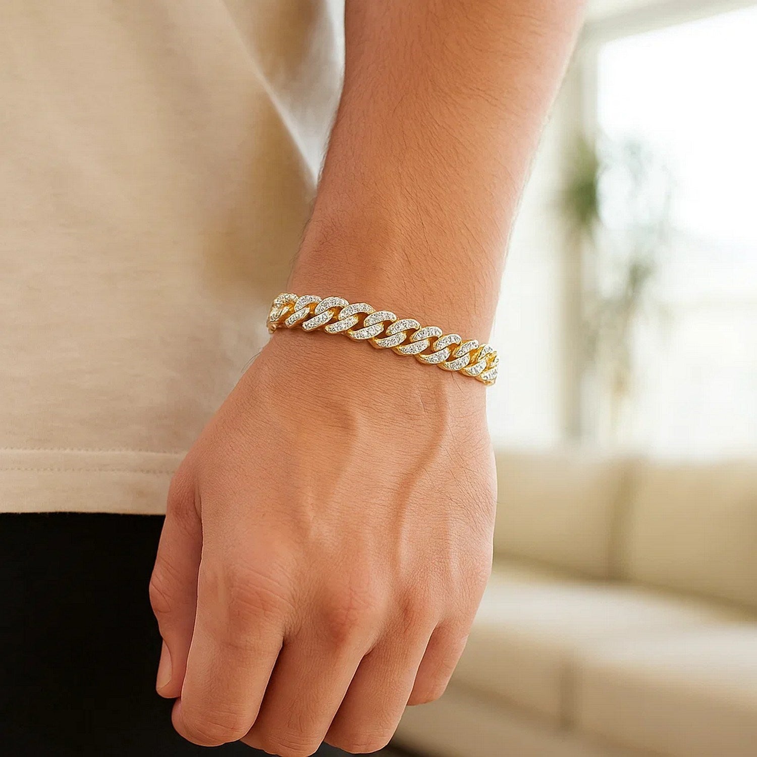 14k yellow gold modern Miami Cuban bracelet with high polish and white pave links, 8.00 mm width, elegant design.