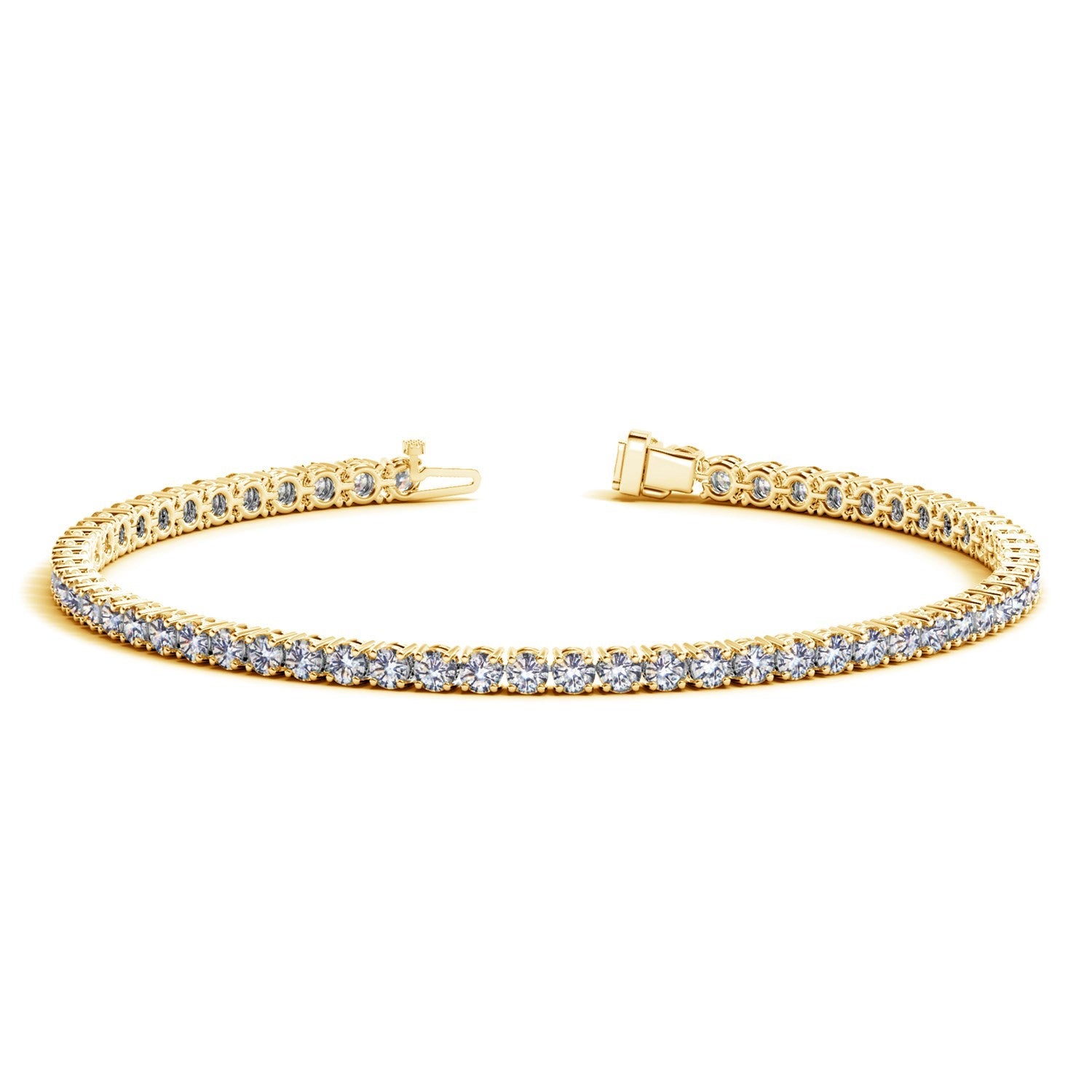 14k yellow gold tennis bracelet featuring round lab-grown diamonds, elegantly designed with 4 cctw in F/G VS2/SI1 quality.