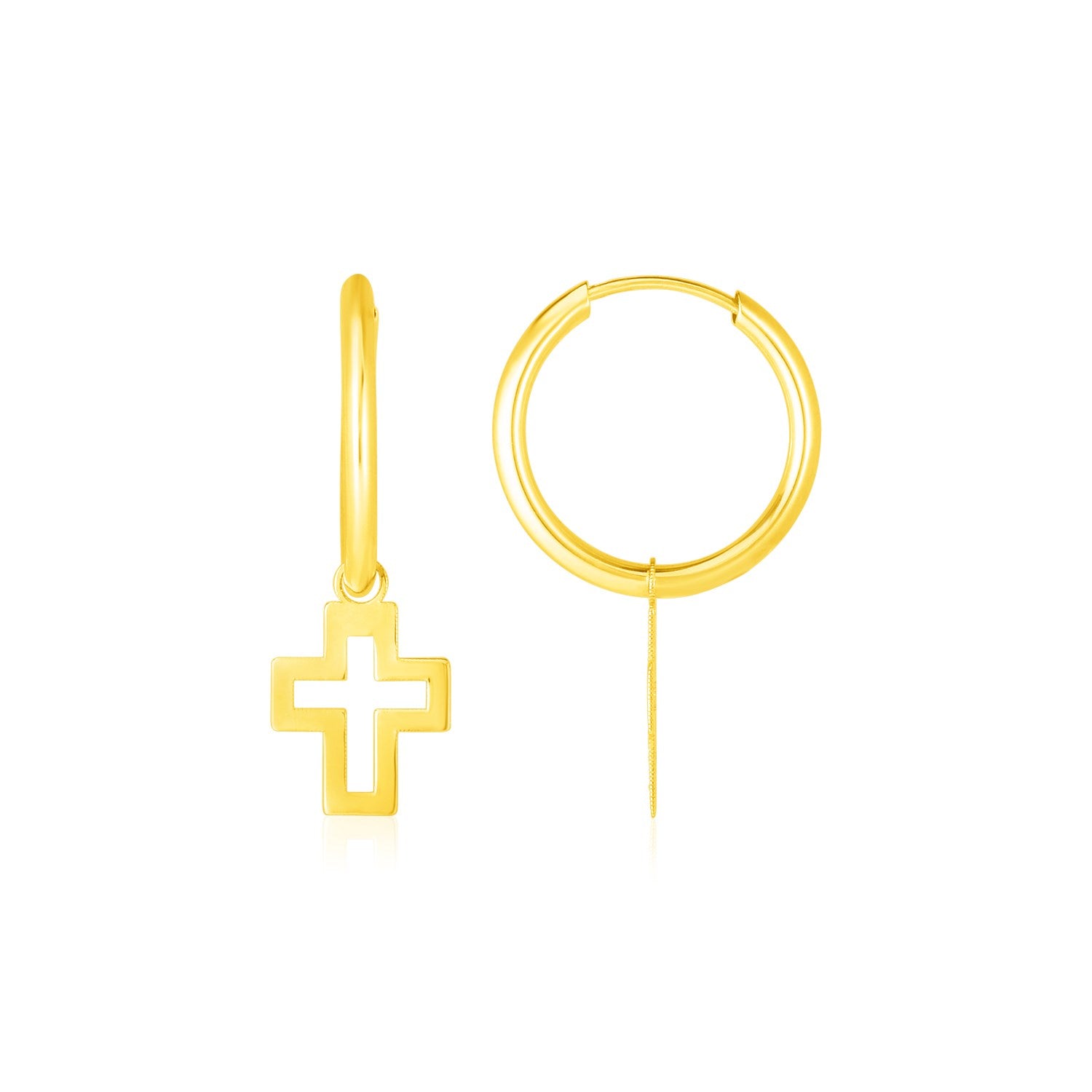 14k yellow gold polished hoop earrings featuring elegant cross designs for a luxurious touch.