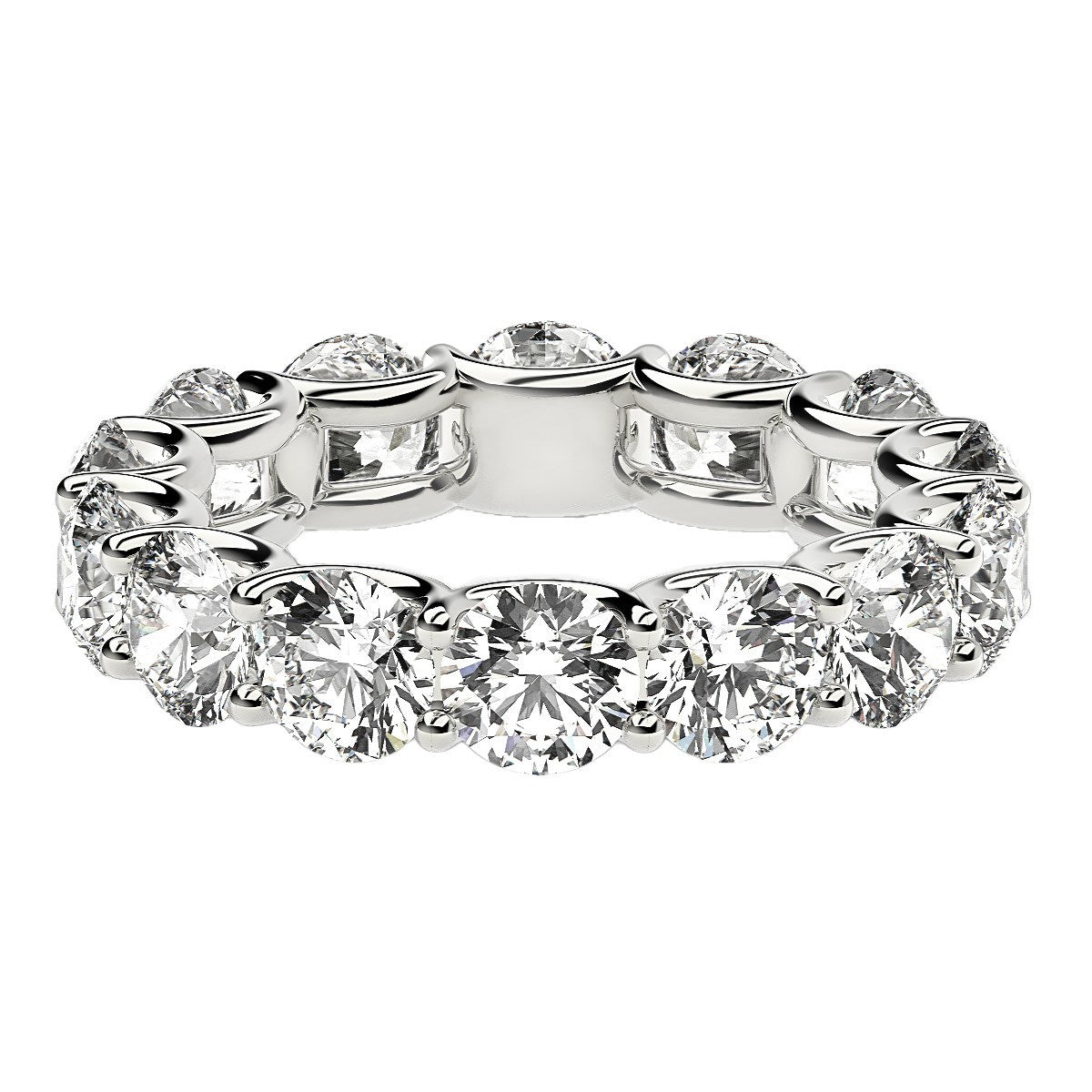 Round cut lab-grown diamond eternity ring in 14k white gold, showcasing contemporary elegance and brilliance.