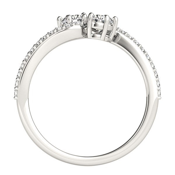 Curved band two stone diamond ring in 14k white gold, featuring elegant design and luxurious sparkle.
