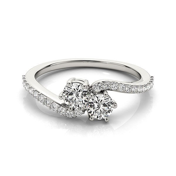Curved band two stone diamond ring in 14k white gold, showcasing elegant design and luxurious sparkle.