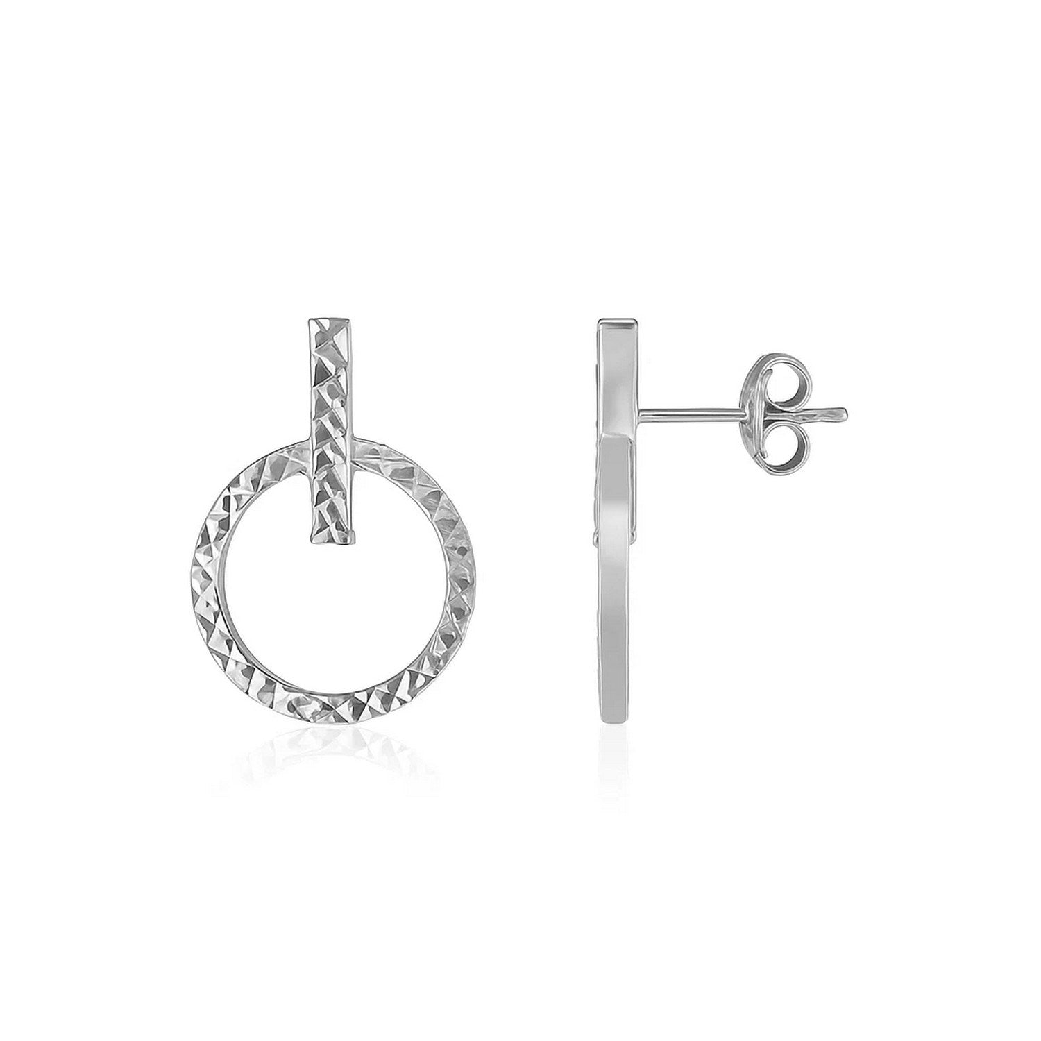 14k white gold textured circle and bar earrings, showcasing modern luxury with exquisite craftsmanship.