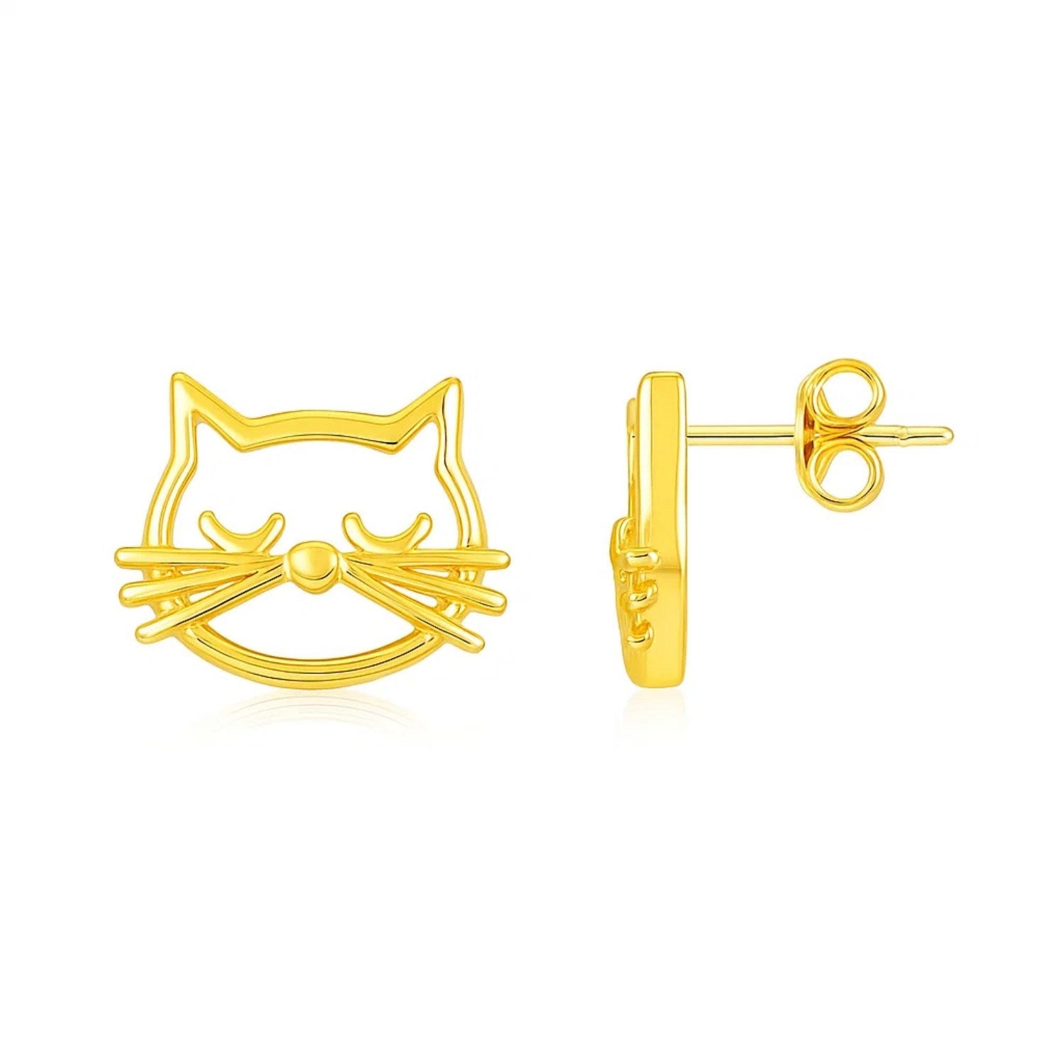 14k yellow gold modern cat head stud earrings with exquisite detailing for a chic, playful touch.