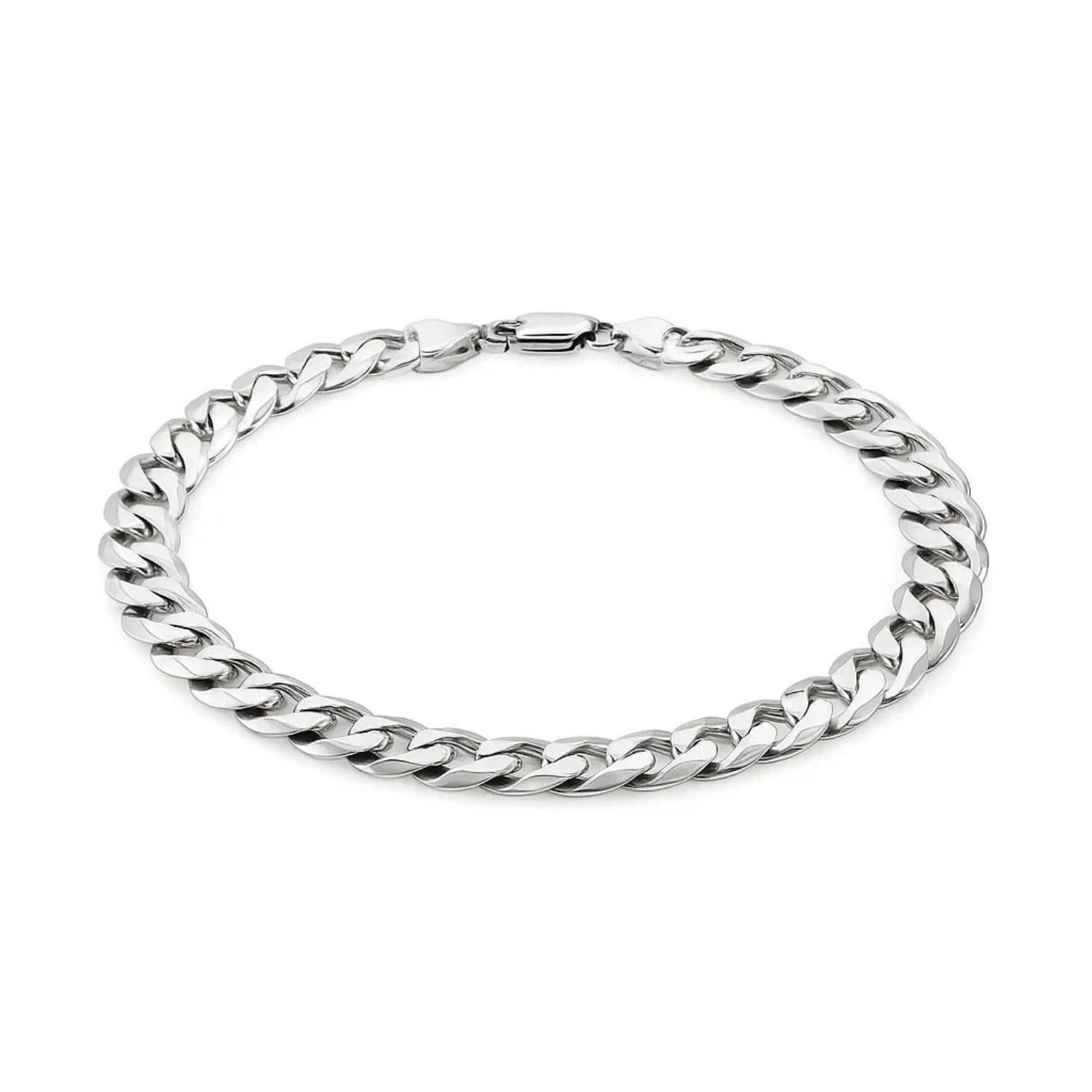 Rhodium plated sterling silver curb style bracelet, modern design with luxurious shine and 7.90 mm width.