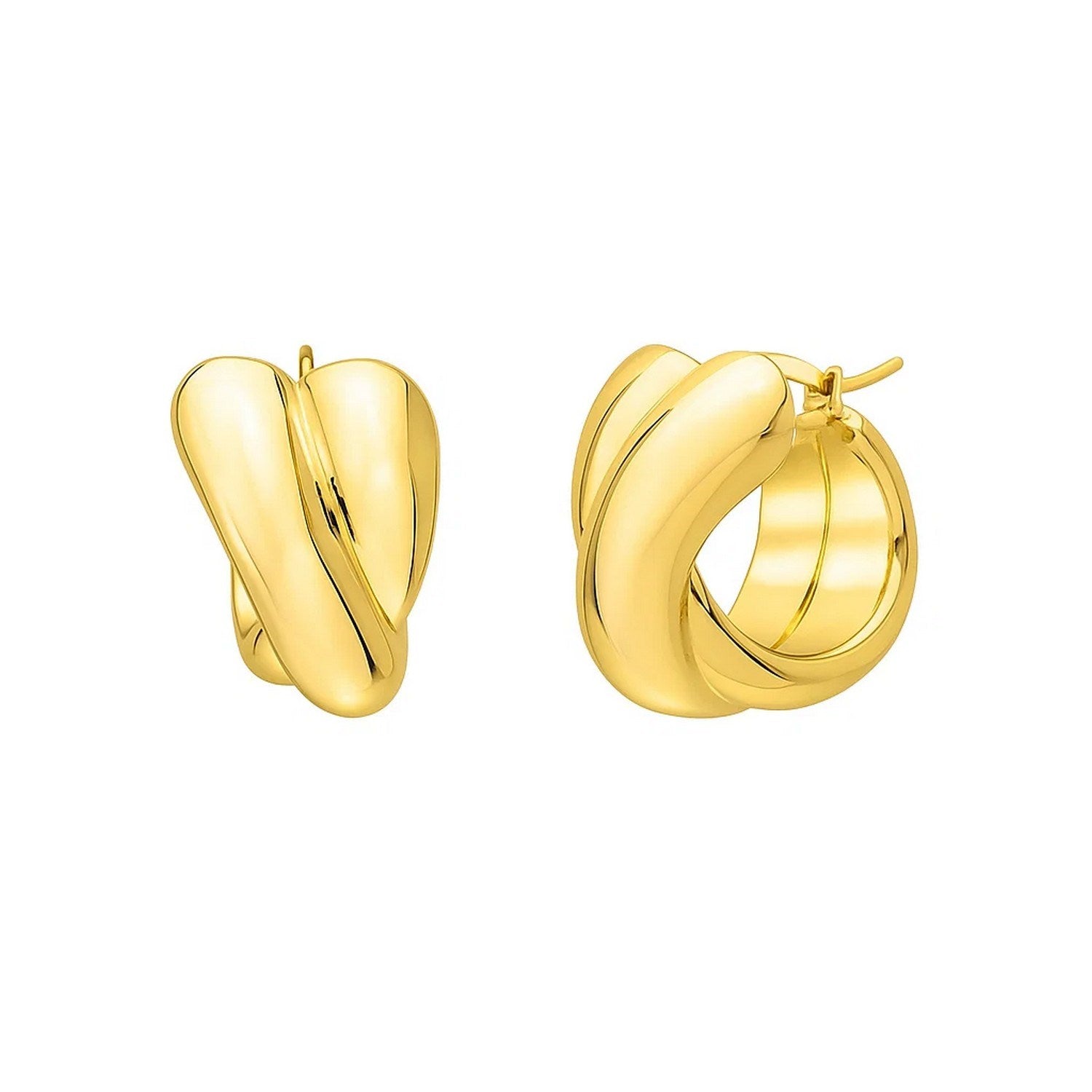 14k yellow gold modern crossover hoop earrings, elegantly designed for a luxurious statement.
