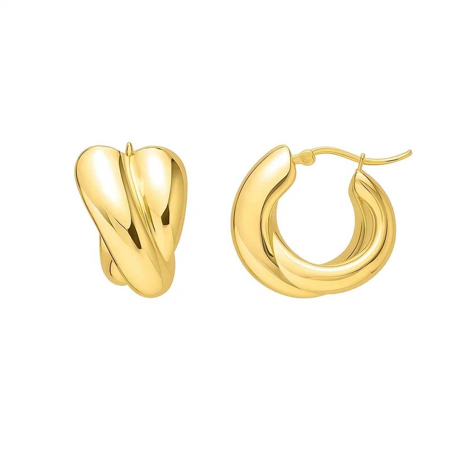 14k yellow gold modern crossover hoop earrings showcasing a sleek, elegant design for a luxurious touch.
