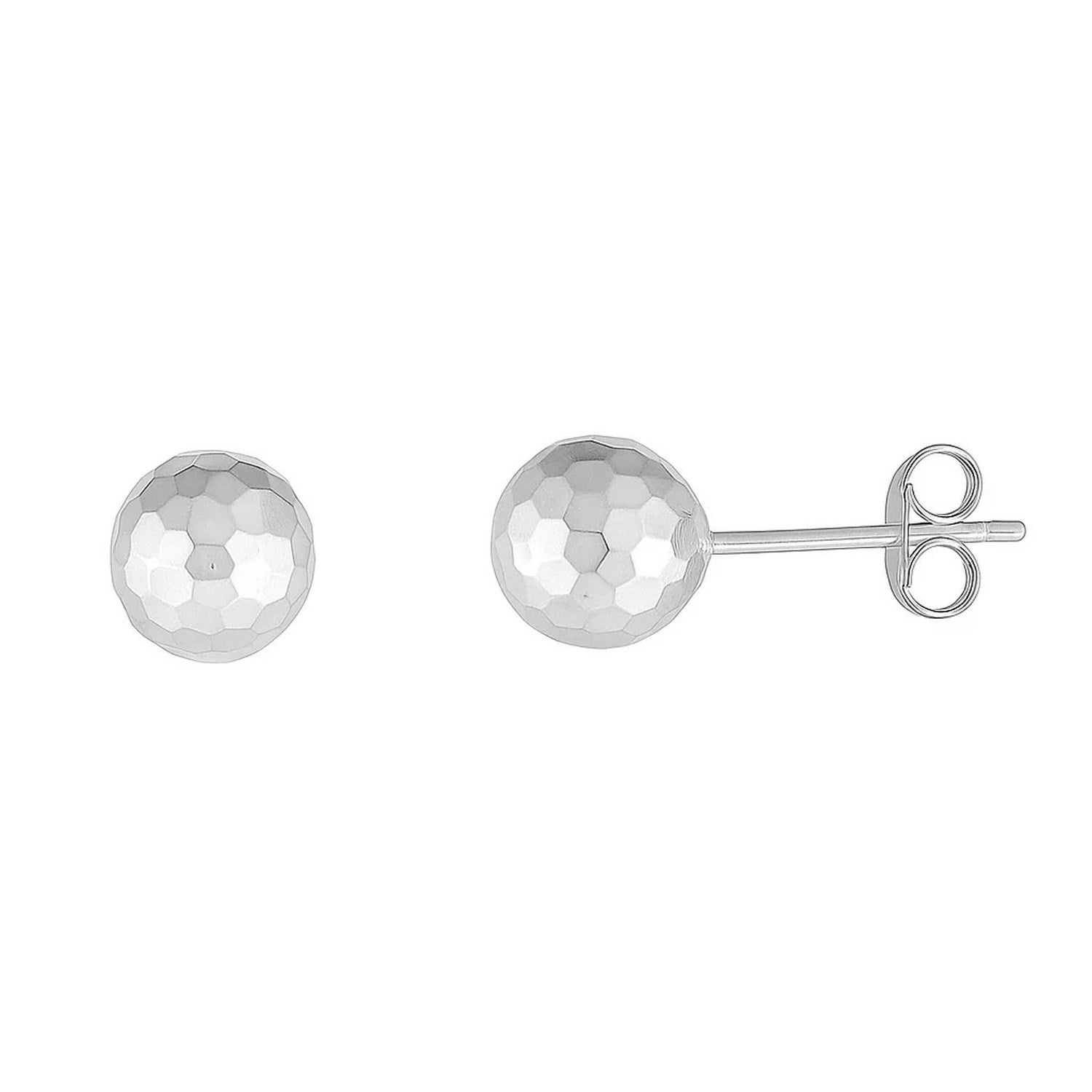 14k white gold faceted ball stud earrings with a modern design, perfect for elegant everyday wear.