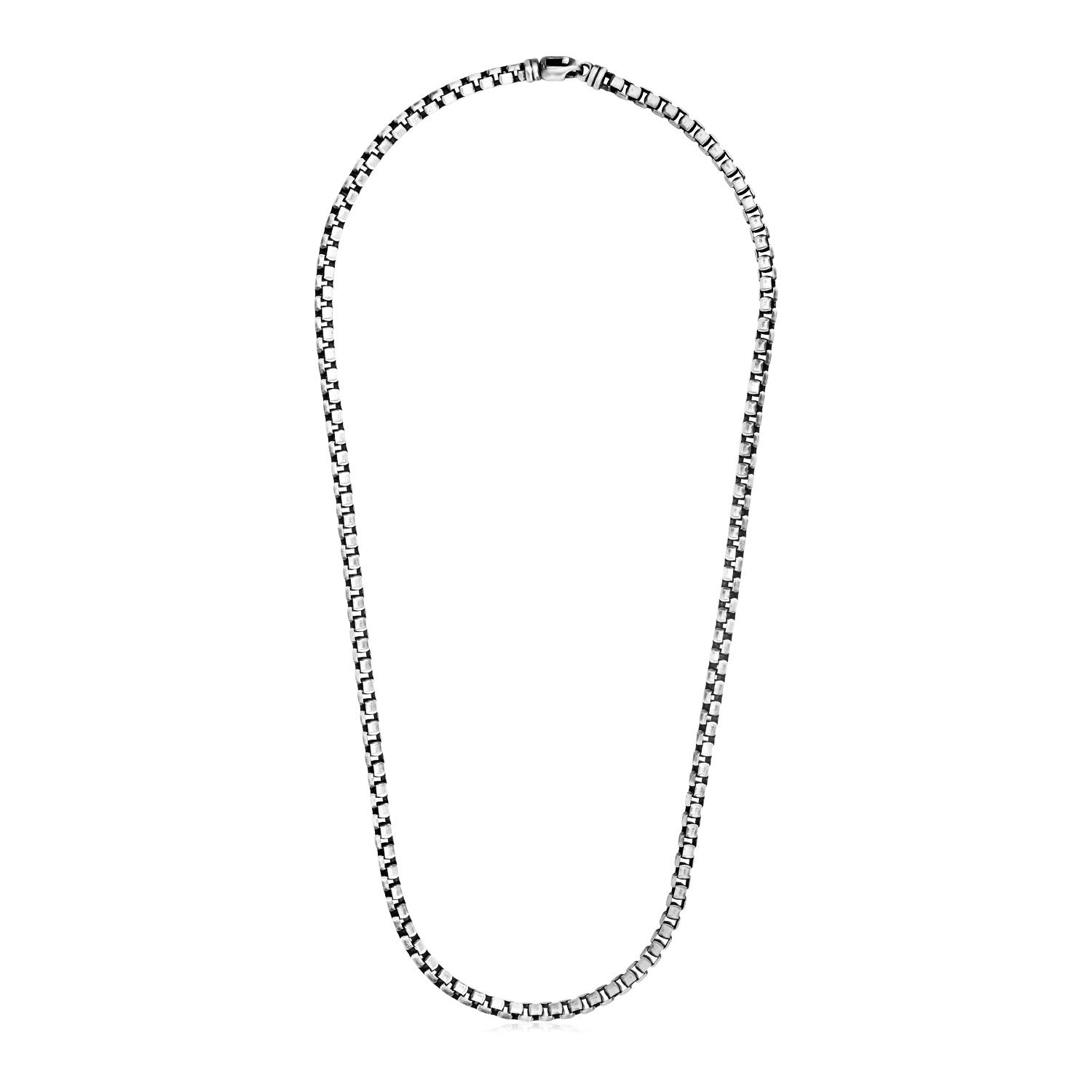 Sterling silver gunmetal finish round box chain necklace with a modern design, perfect for elegant layering.
