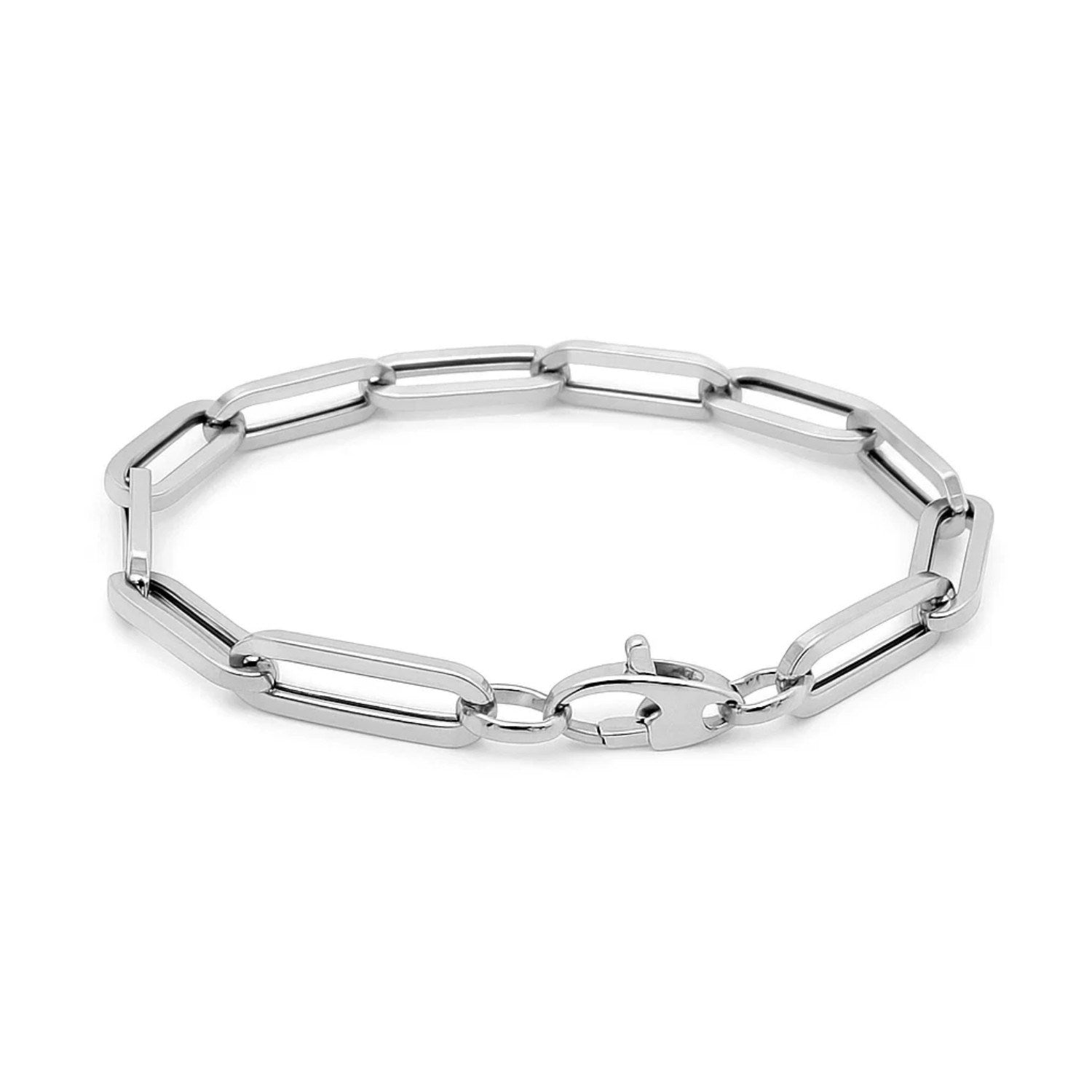 14k white gold extra wide paperclip chain bracelet, contemporary design with sleek links for modern elegance.