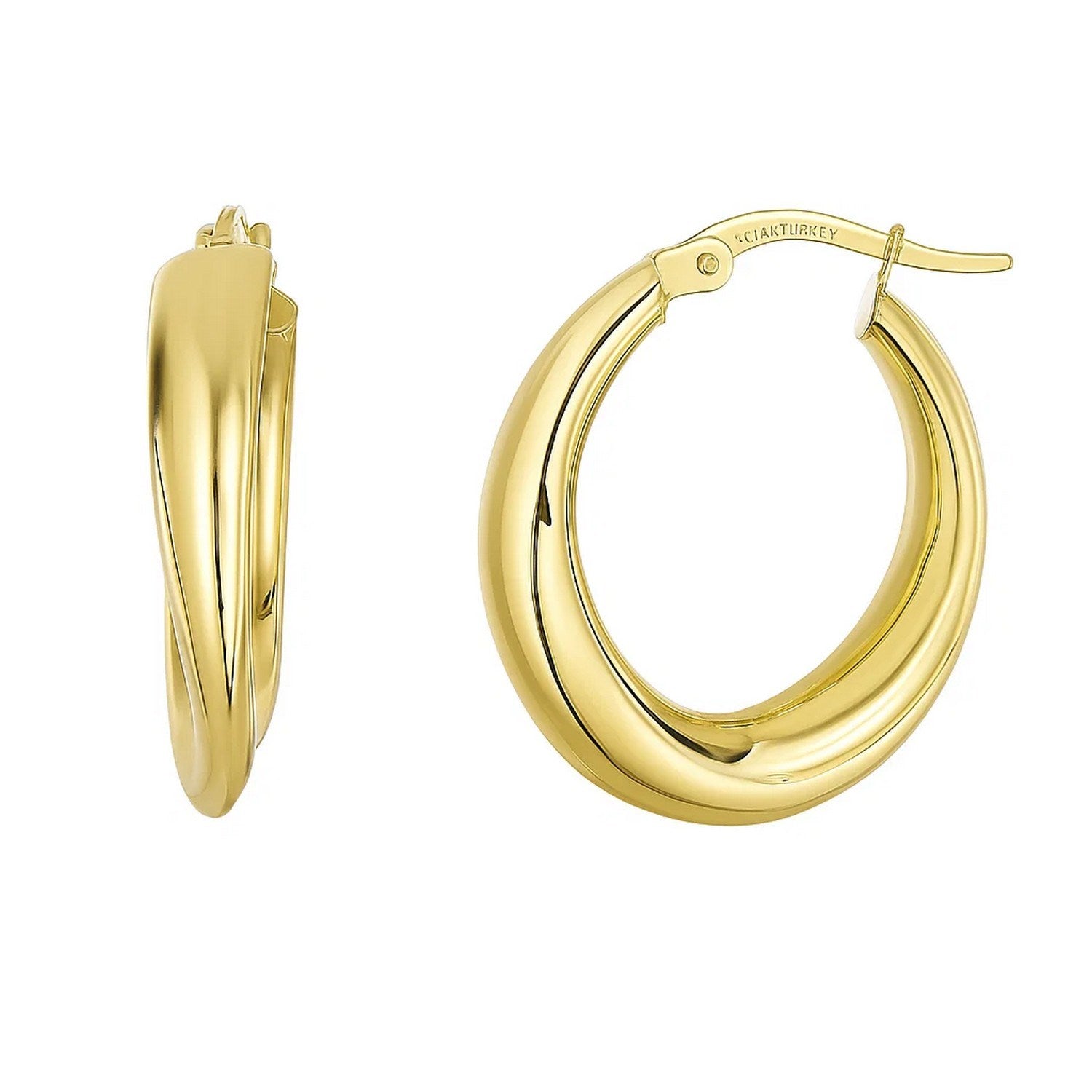 14k yellow gold polished oval hoop earrings with a contemporary design, perfect for elegant everyday wear.