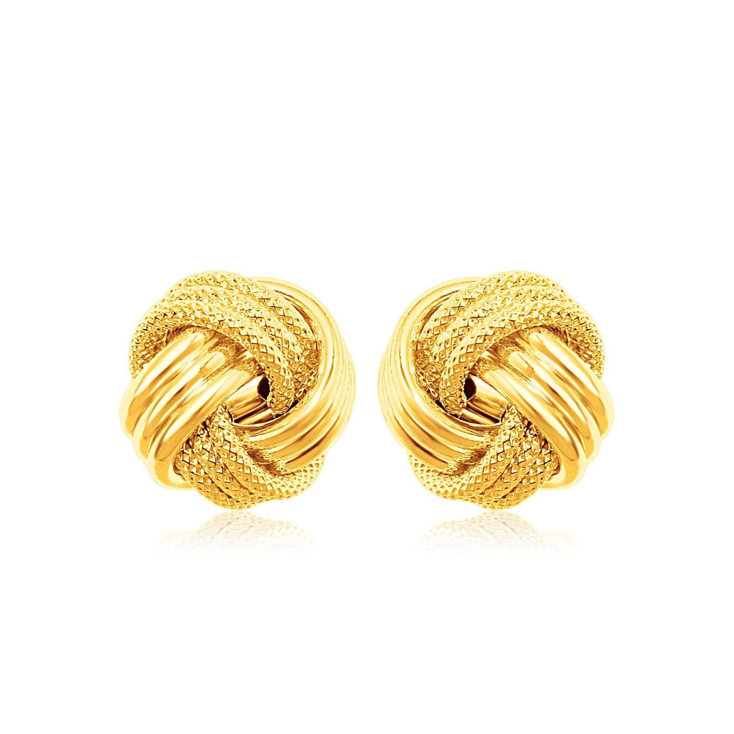 14k yellow gold textured love knot earrings, showcasing a modern design with luxurious elegance and intricate craftsmanship.