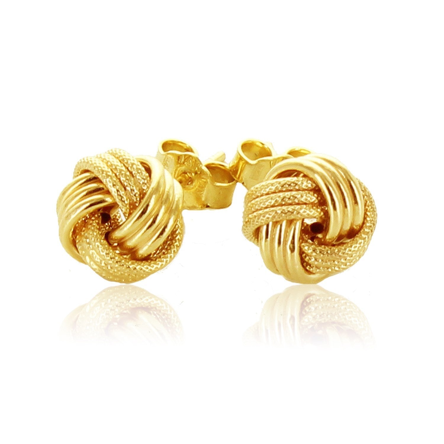 14k yellow gold textured love knot earrings showcasing a modern design with a luxurious finish.