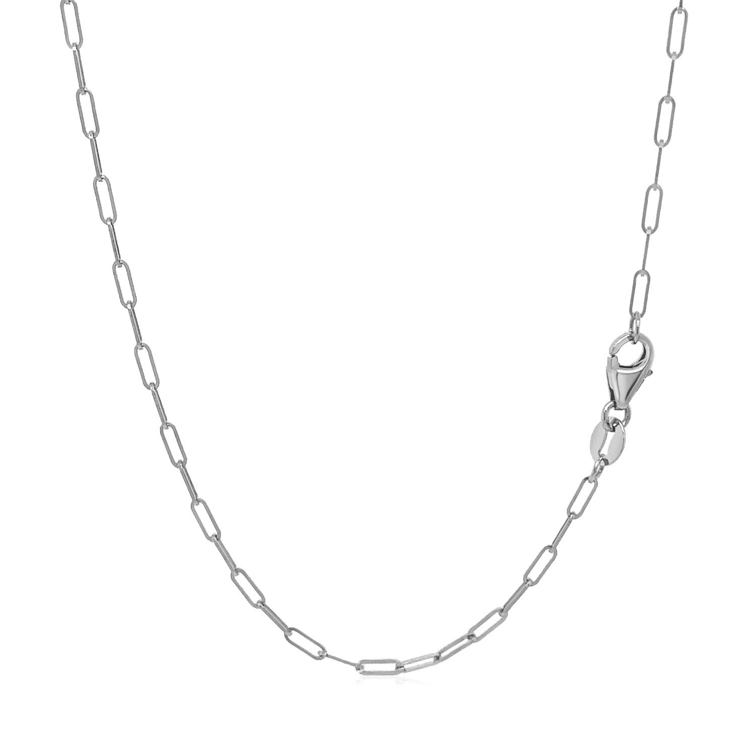 14k white gold fine paperclip chain, modern design with sleek round links, perfect for layering or standalone elegance.