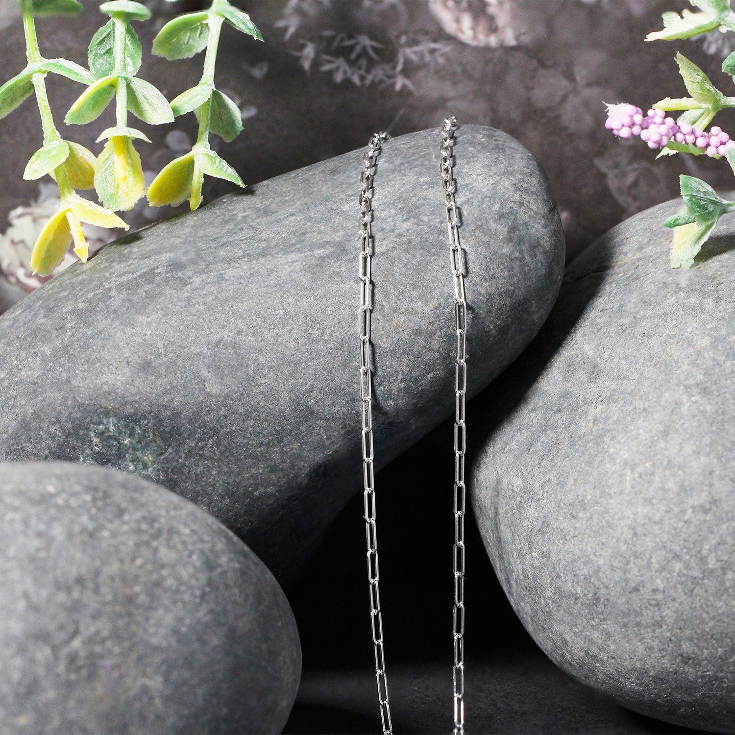 14k white gold fine paperclip chain, modern design with sleek round links, perfect for layering or standalone elegance.