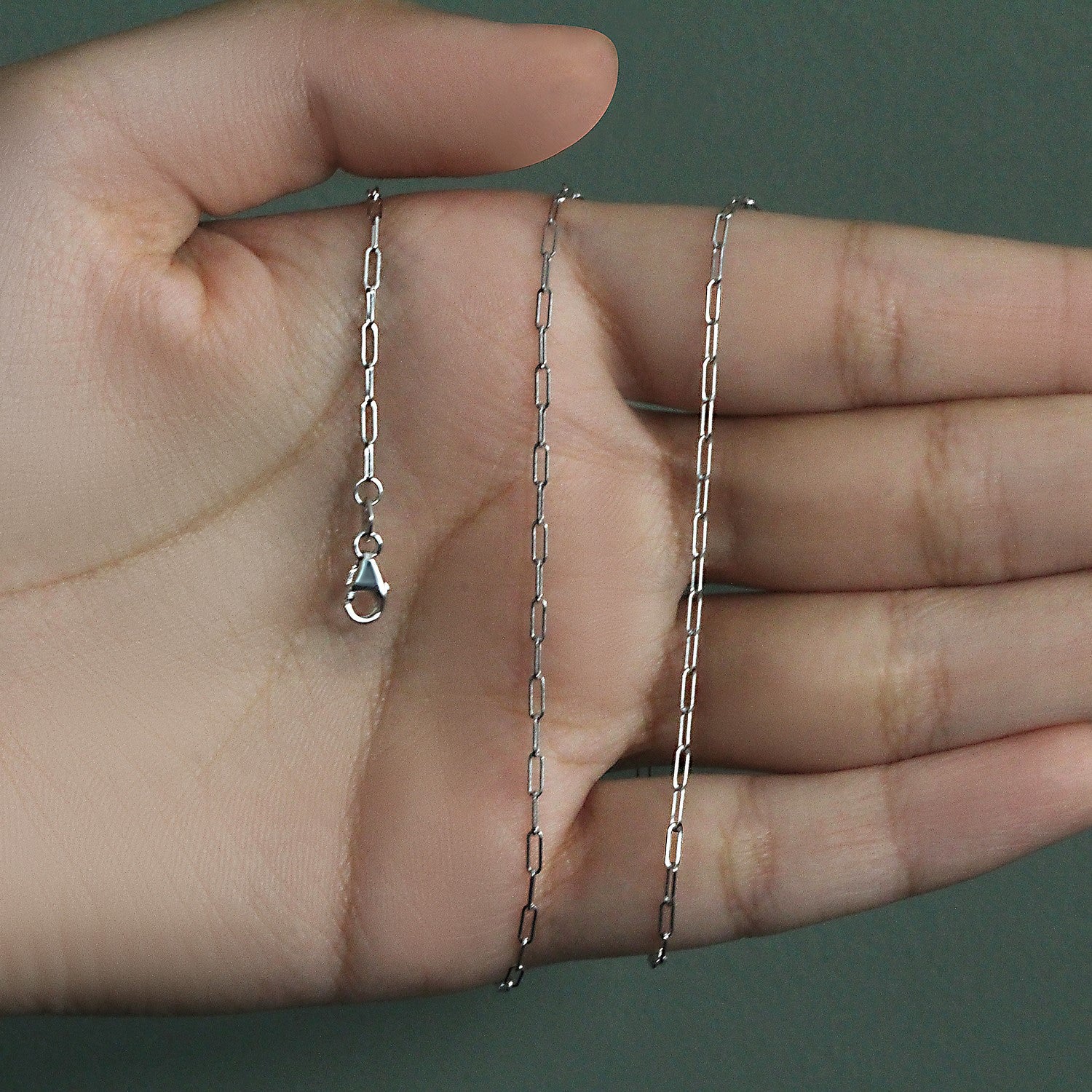 14k white gold fine paperclip chain featuring a modern design, perfect for layering or solo wear.