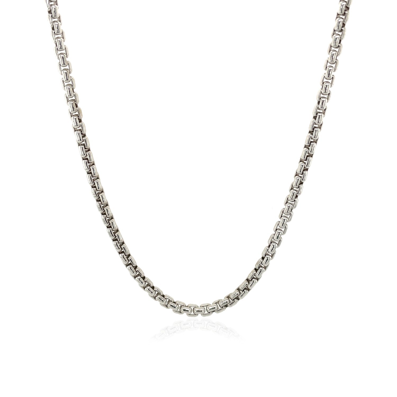 Sterling silver rhodium plated round box chain, modern design, 2.20 mm width, perfect for layering or standalone elegance.