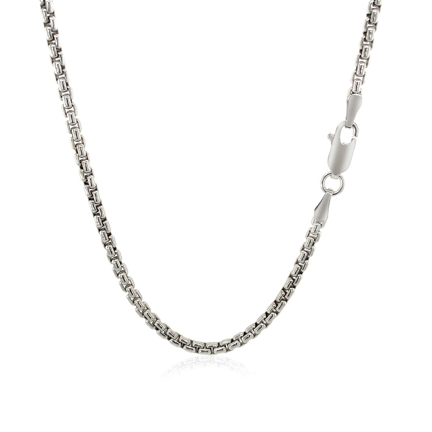 Sterling silver rhodium plated round box chain, modern design, 2.20 mm width, perfect for layering or standalone elegance.