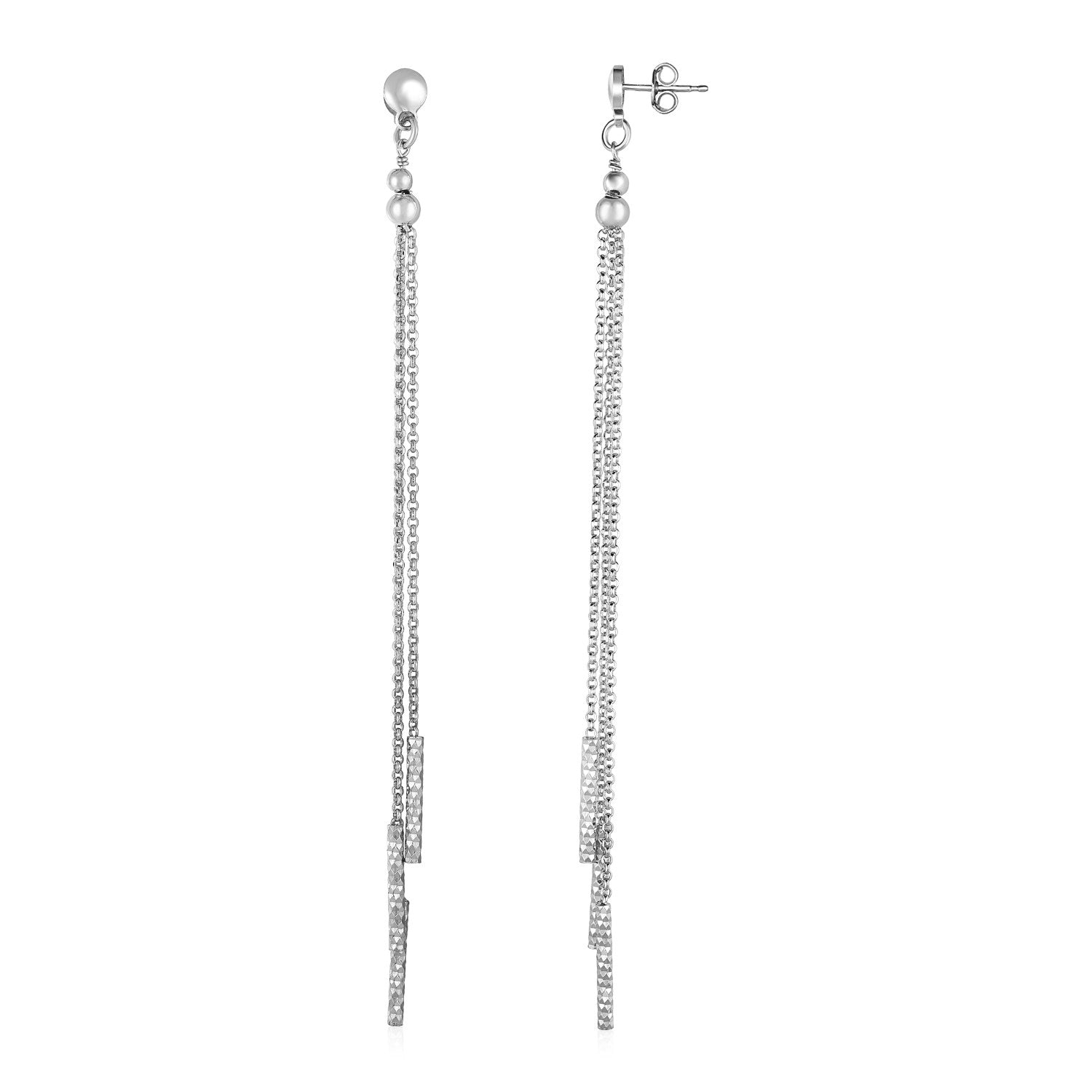 Sterling silver long chain tassel drop earrings with a modern textured bar design for elegant sophistication.