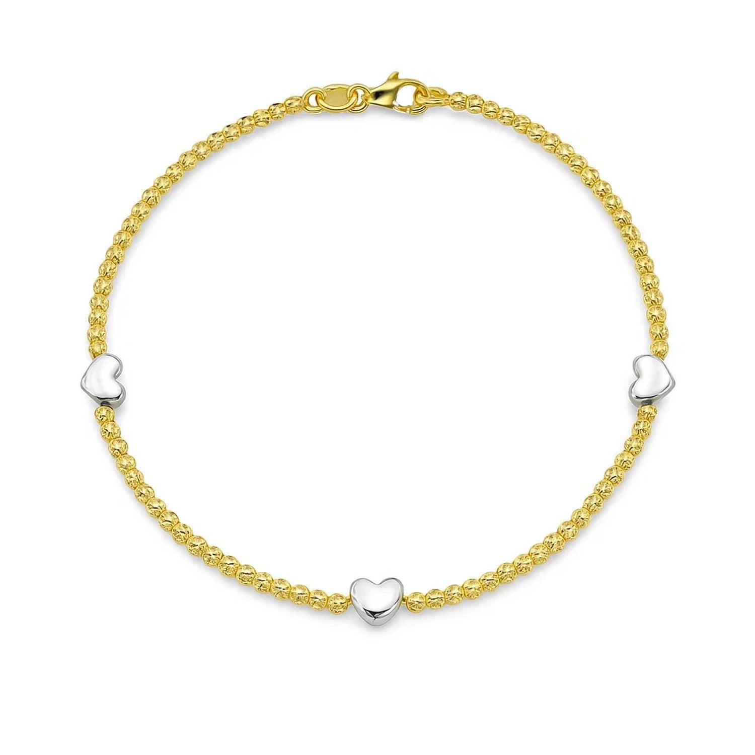 14k yellow and white gold heart bead bracelet adorned with sparkling diamonds, exuding elegance and luxury.