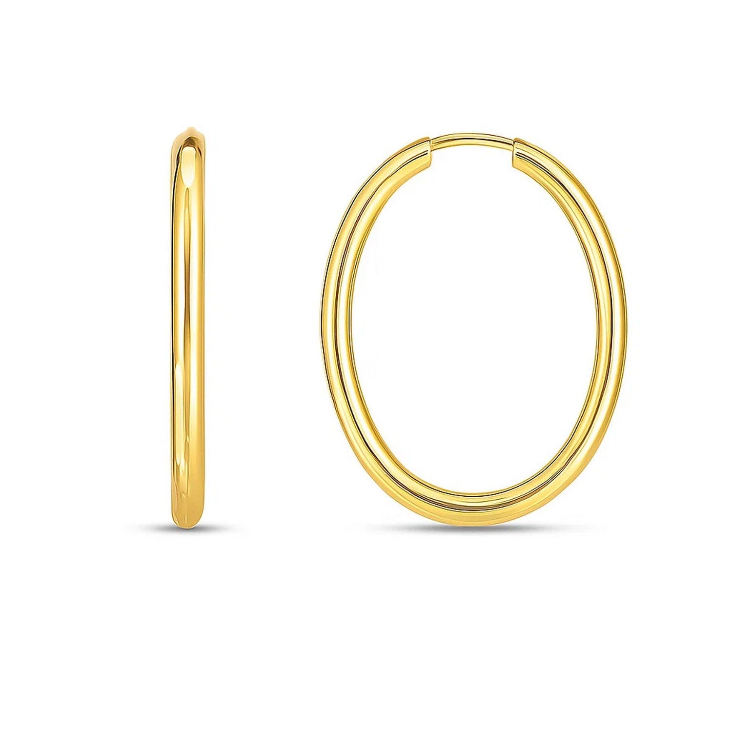 14k yellow gold endless oval hoop earrings with a modern design, perfect for elegant everyday wear.