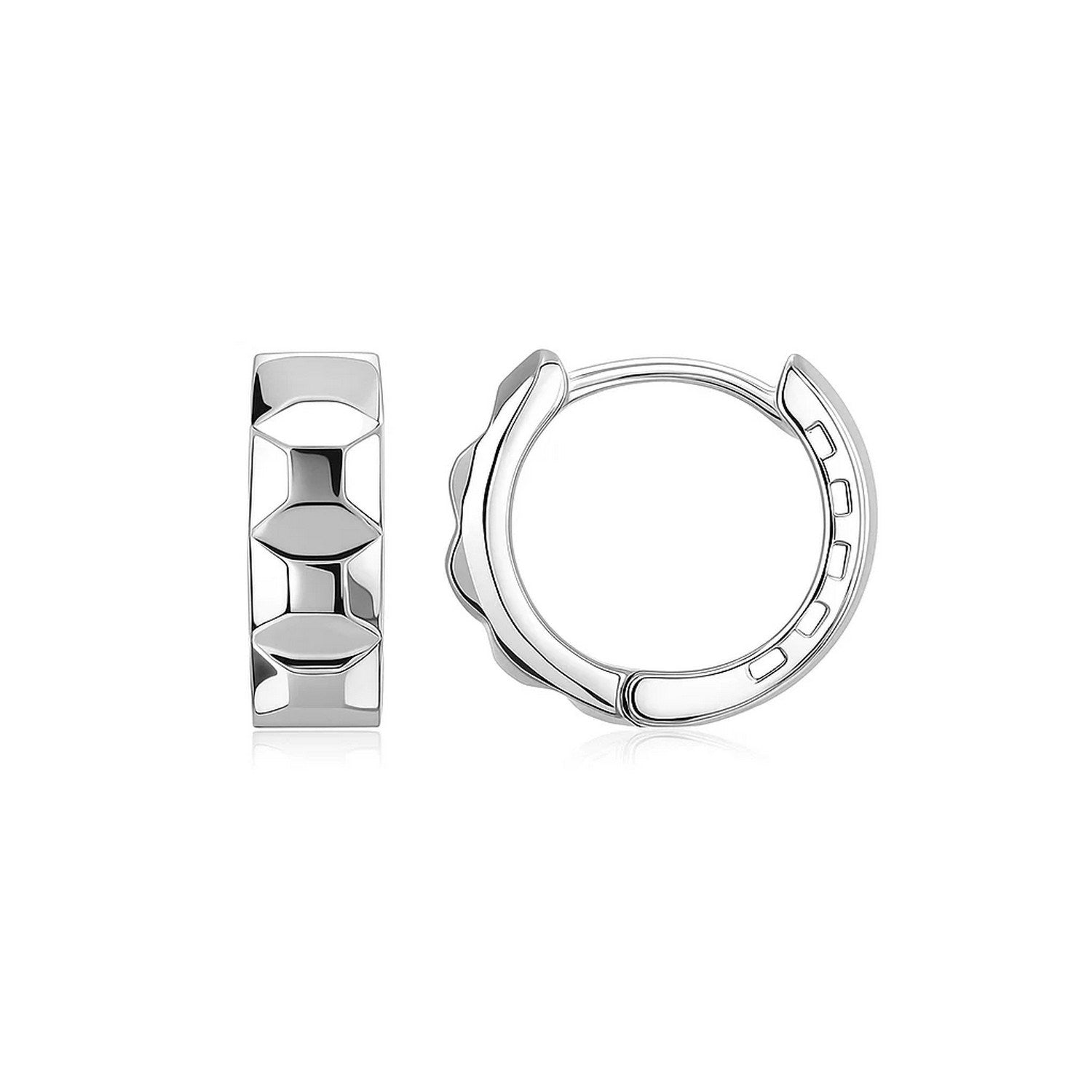 14K white gold faceted huggie earrings with a sleek modern design, perfect for elegant everyday wear.