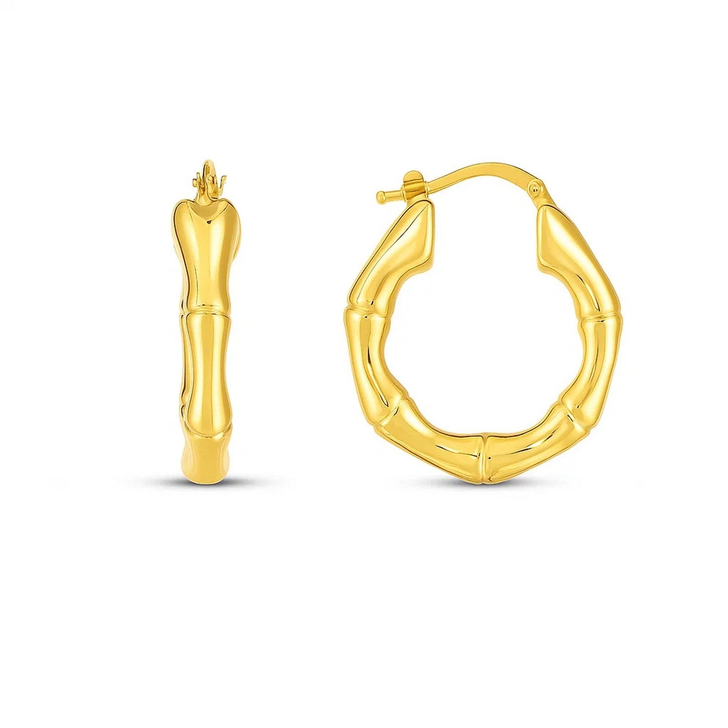14k yellow gold polished bamboo hoop earrings with a modern design, perfect for elegant everyday wear.