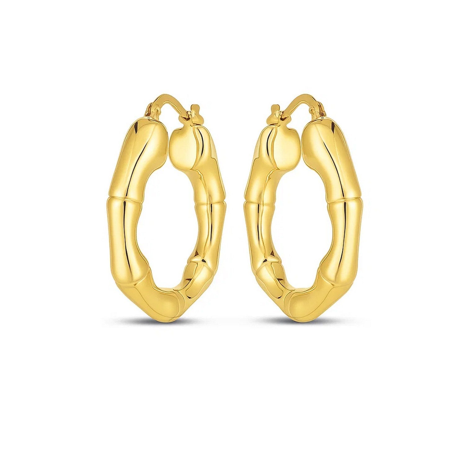 14k yellow gold polished bamboo hoop earrings showcasing a modern design and elegant shine for sophisticated style.
