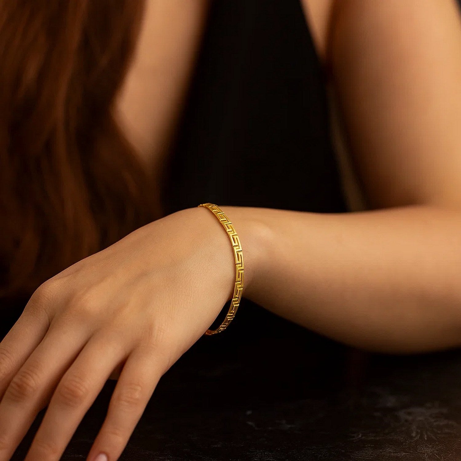 14k yellow gold modern Greek fret design bracelet, 3.30 mm, showcasing an elegant eternity style.