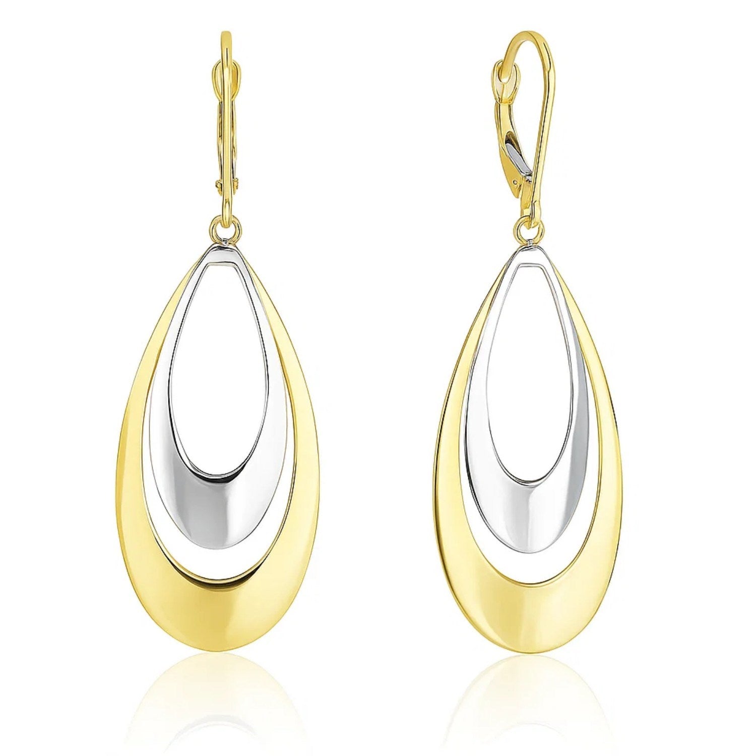 14k two-tone gold polished drop earrings featuring a sleek modern design for an elegant touch.