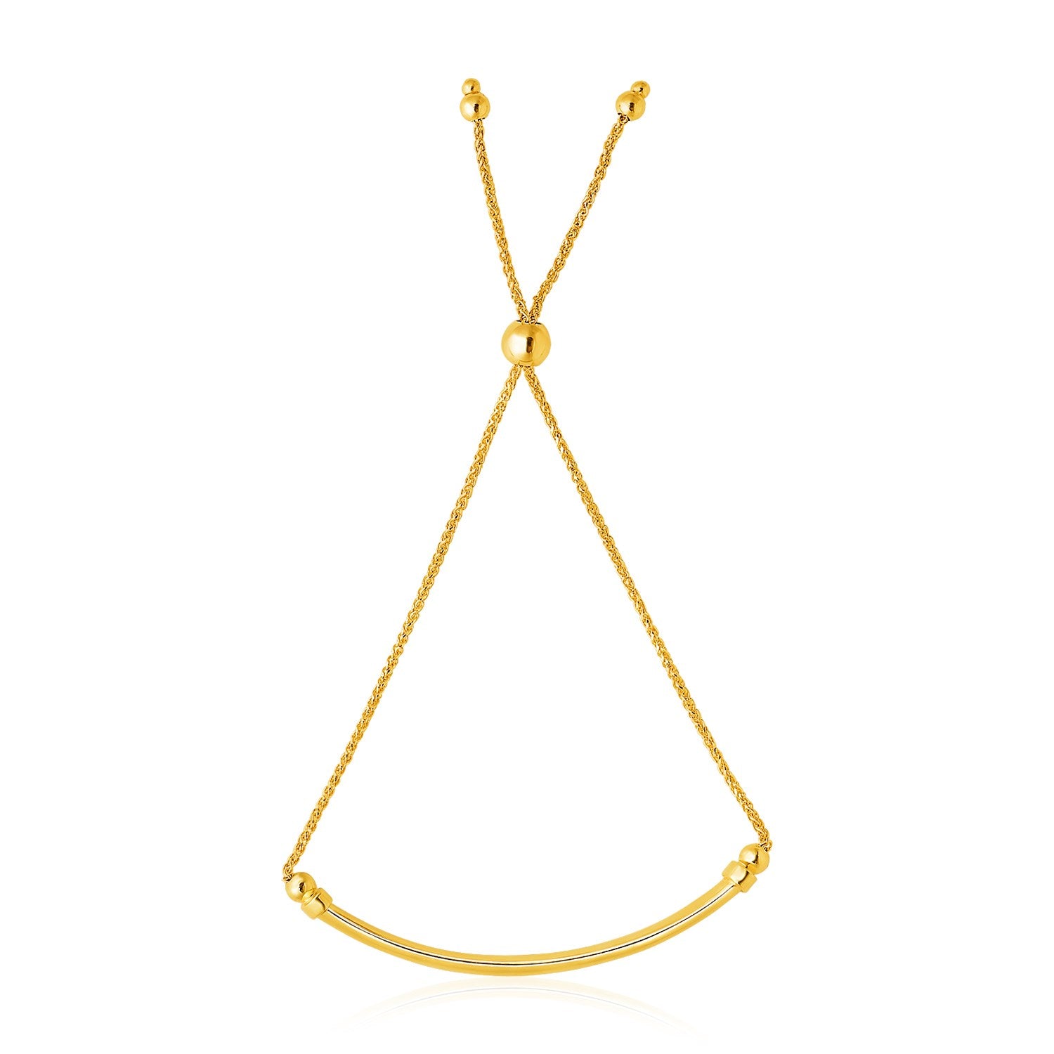 14k yellow gold smooth curved bar bracelet with lariat design and sparkling diamond accents for modern elegance.
