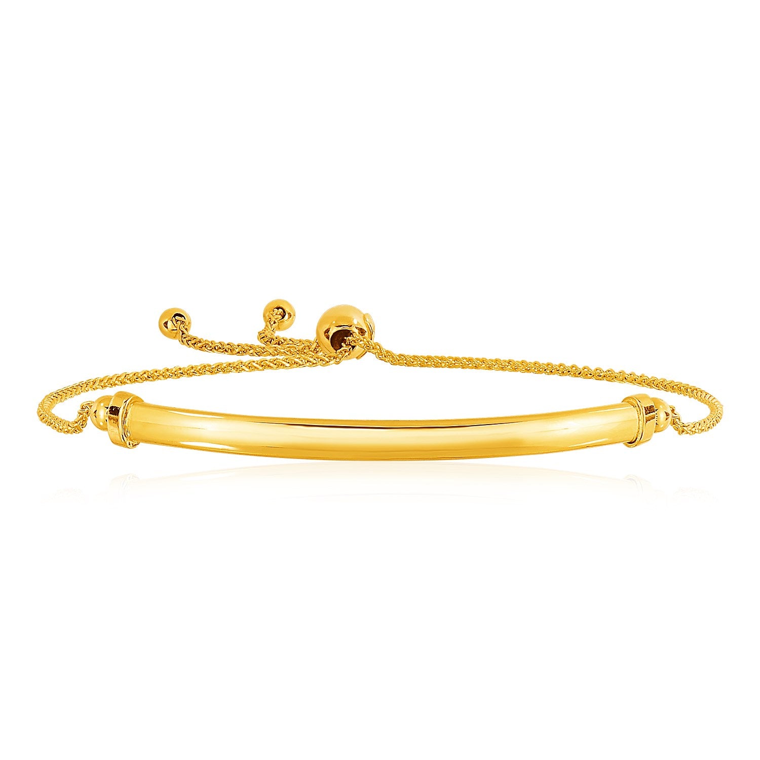 14k yellow gold lariat bracelet featuring a smooth curved bar design and sparkling diamond accents.