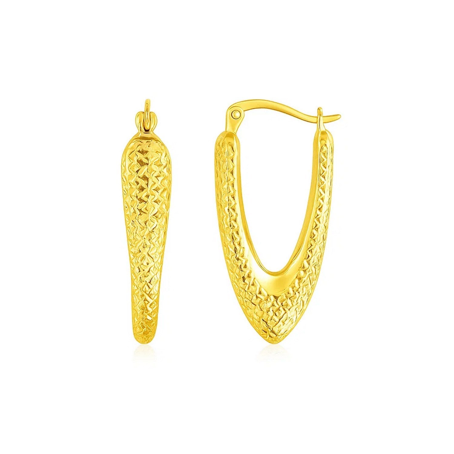 14k yellow gold V-shaped puffed hoop earrings, modern design with a luxurious shine, perfect for elegant occasions.