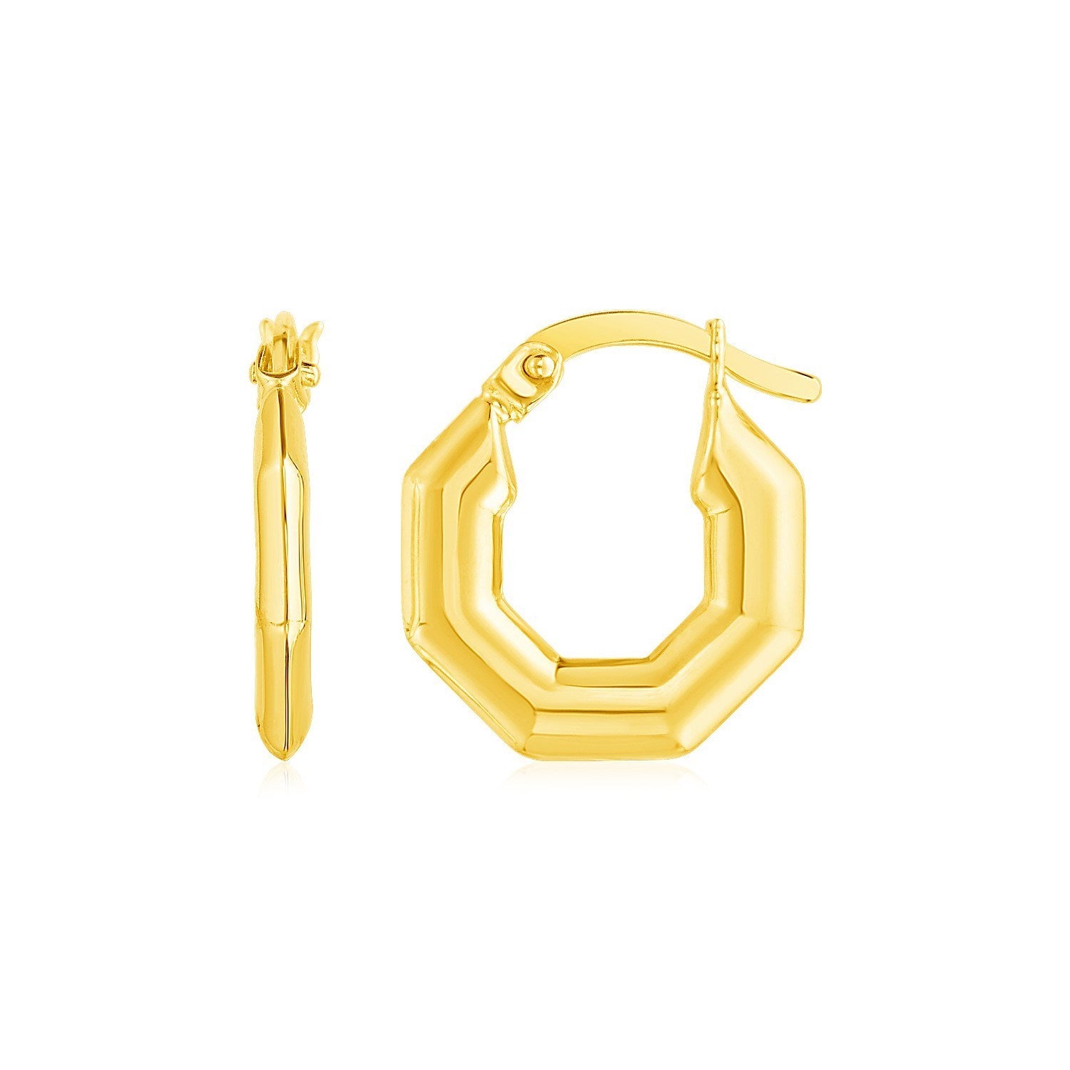 14k yellow gold polished hoop earrings with a sleek modern design, perfect for elegant everyday wear.