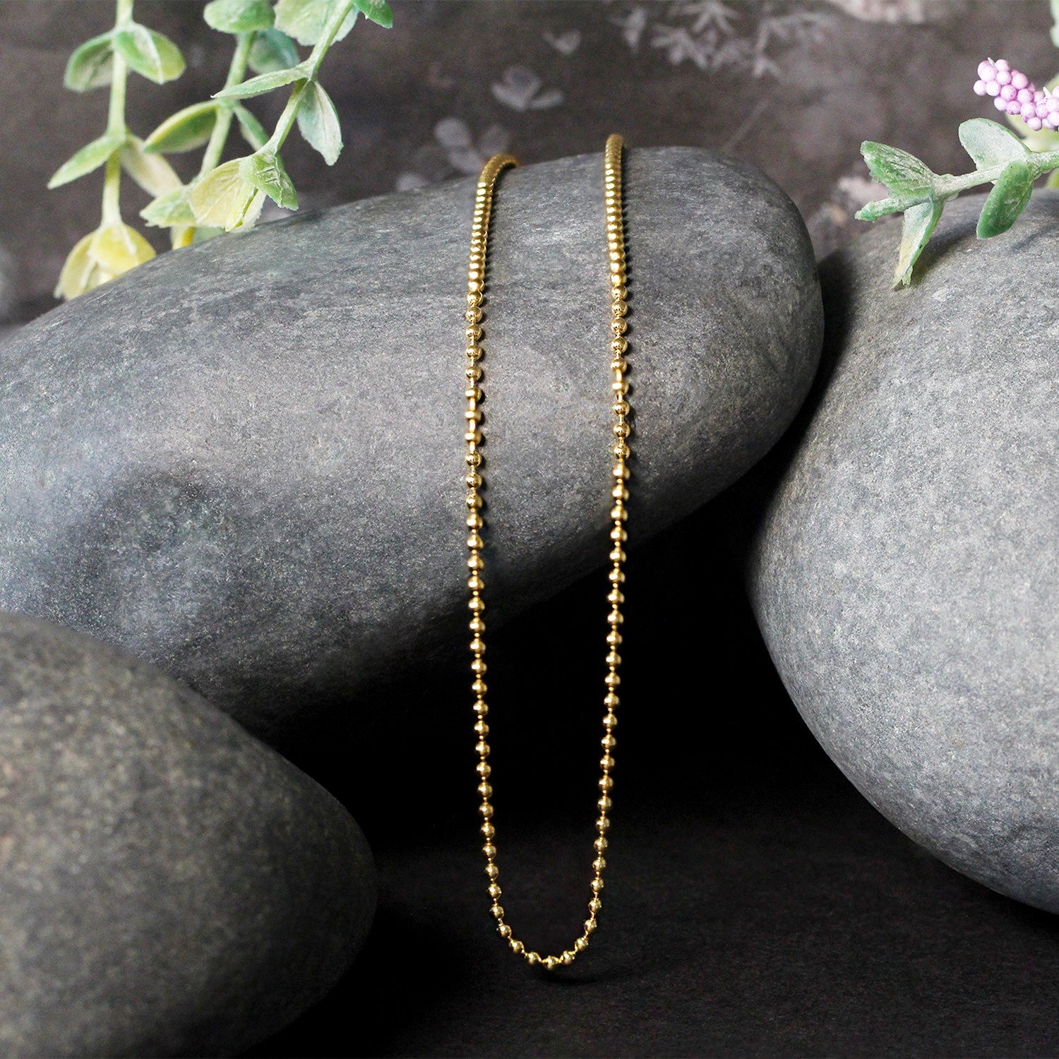 14k yellow gold bead chain, 1.5mm minimalist design, featuring elegant diamond accents for a luxurious touch.