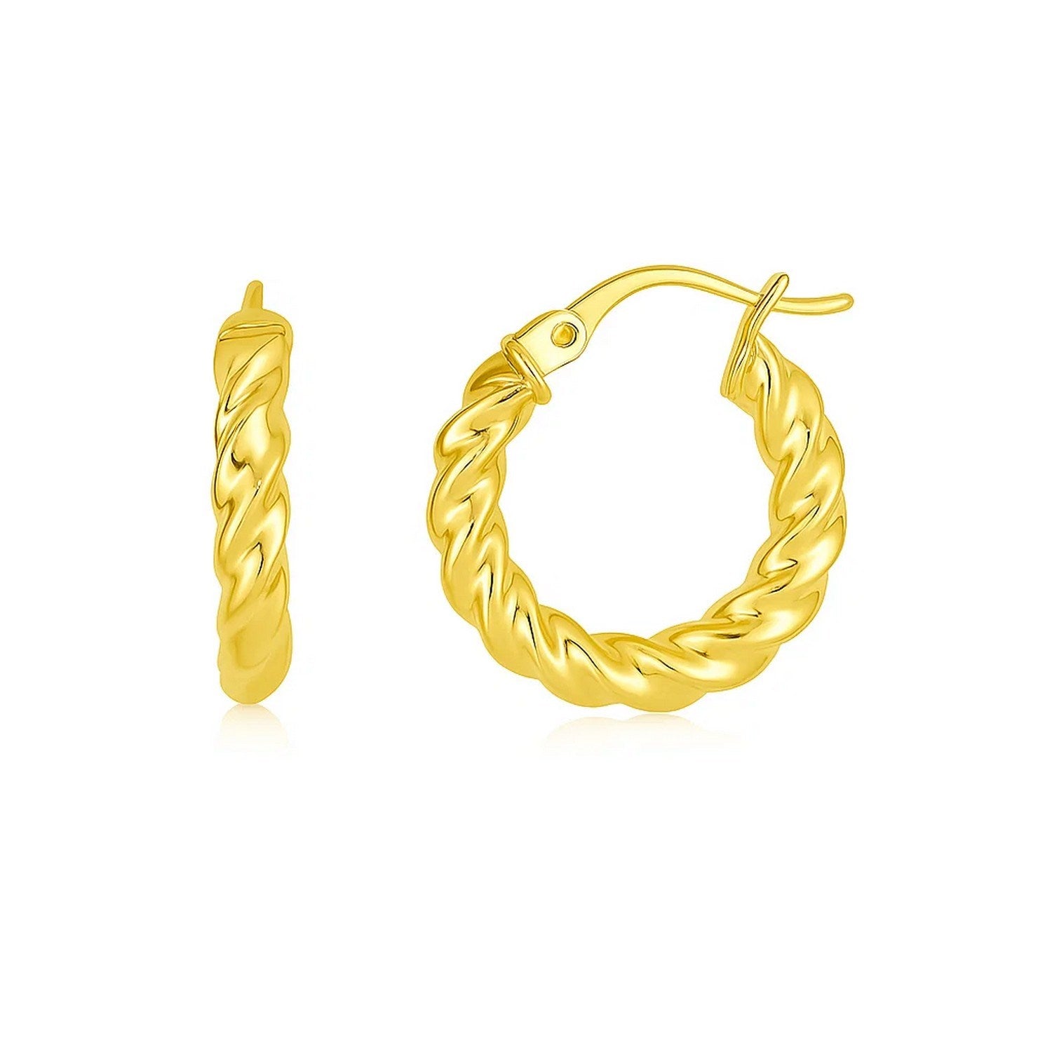 14k yellow gold polished twisted hoop earrings, exuding elegance with a timeless design and luxurious shine.