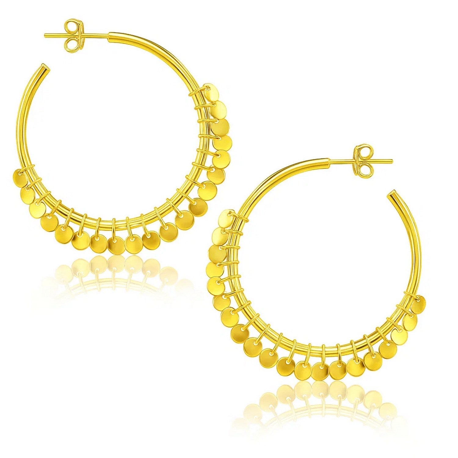 14k yellow gold modern hoop earrings adorned with elegant dangling sequins for a luxurious touch.